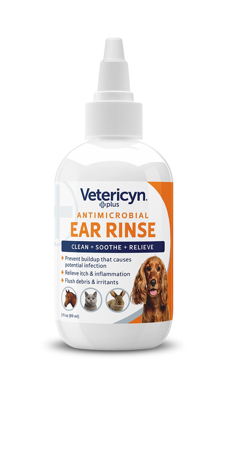 Vetericyn Plus Ear Rinse bottle back label highlighting usage and ingredients.