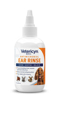Vetericyn Plus Ear Rinse bottle back label highlighting usage and ingredients.