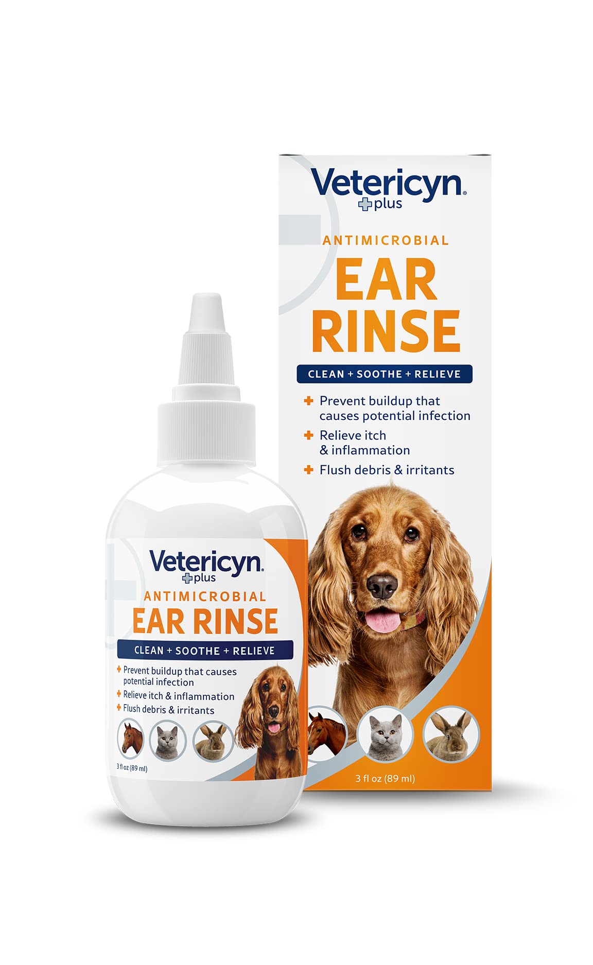 Vetericyn Plus Ear Rinse bottle front showing non-toxic ear care for pets.