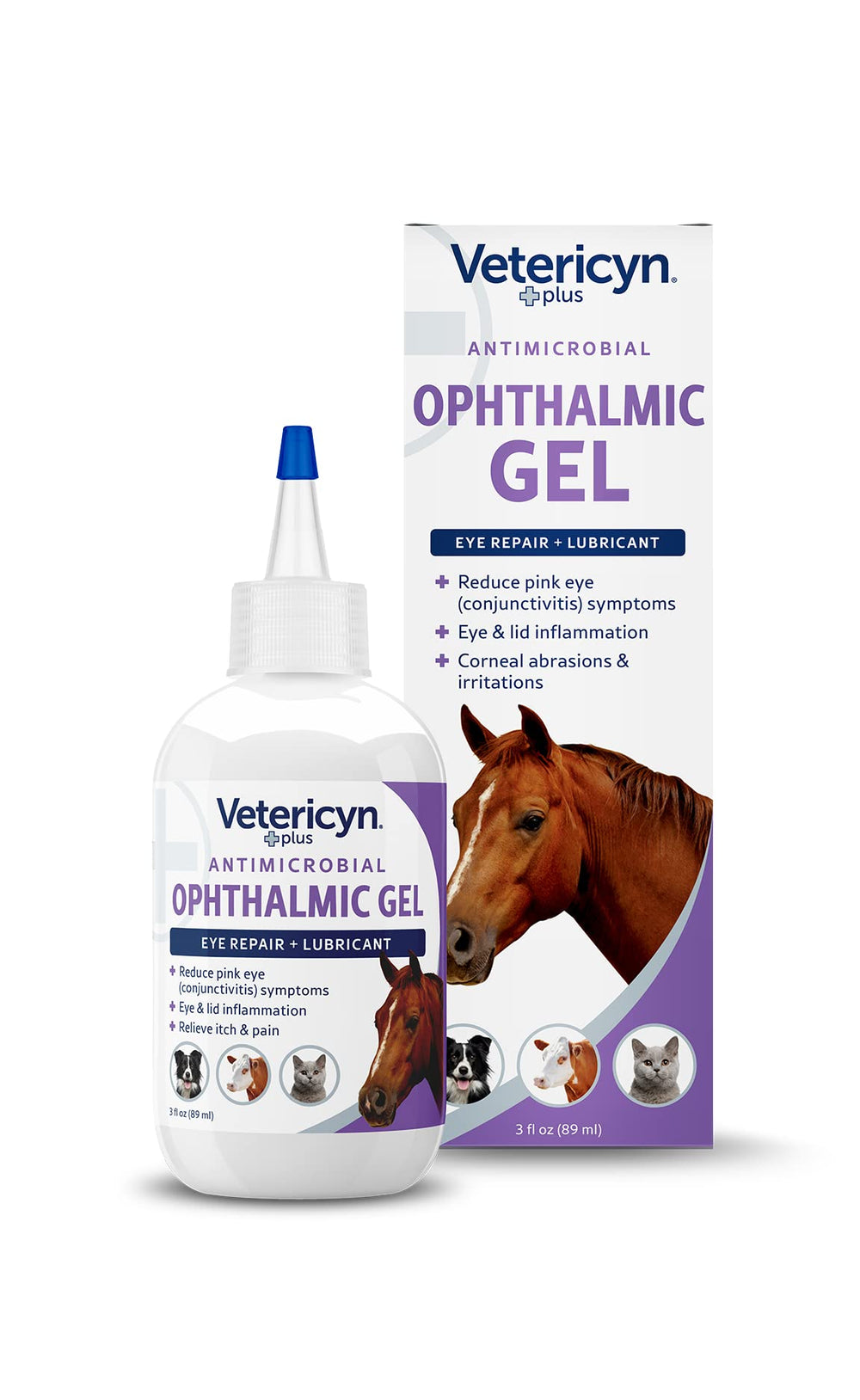 Vetericyn Plus eye gel bottle—safe, non-antibiotic eye care for multiple animals.