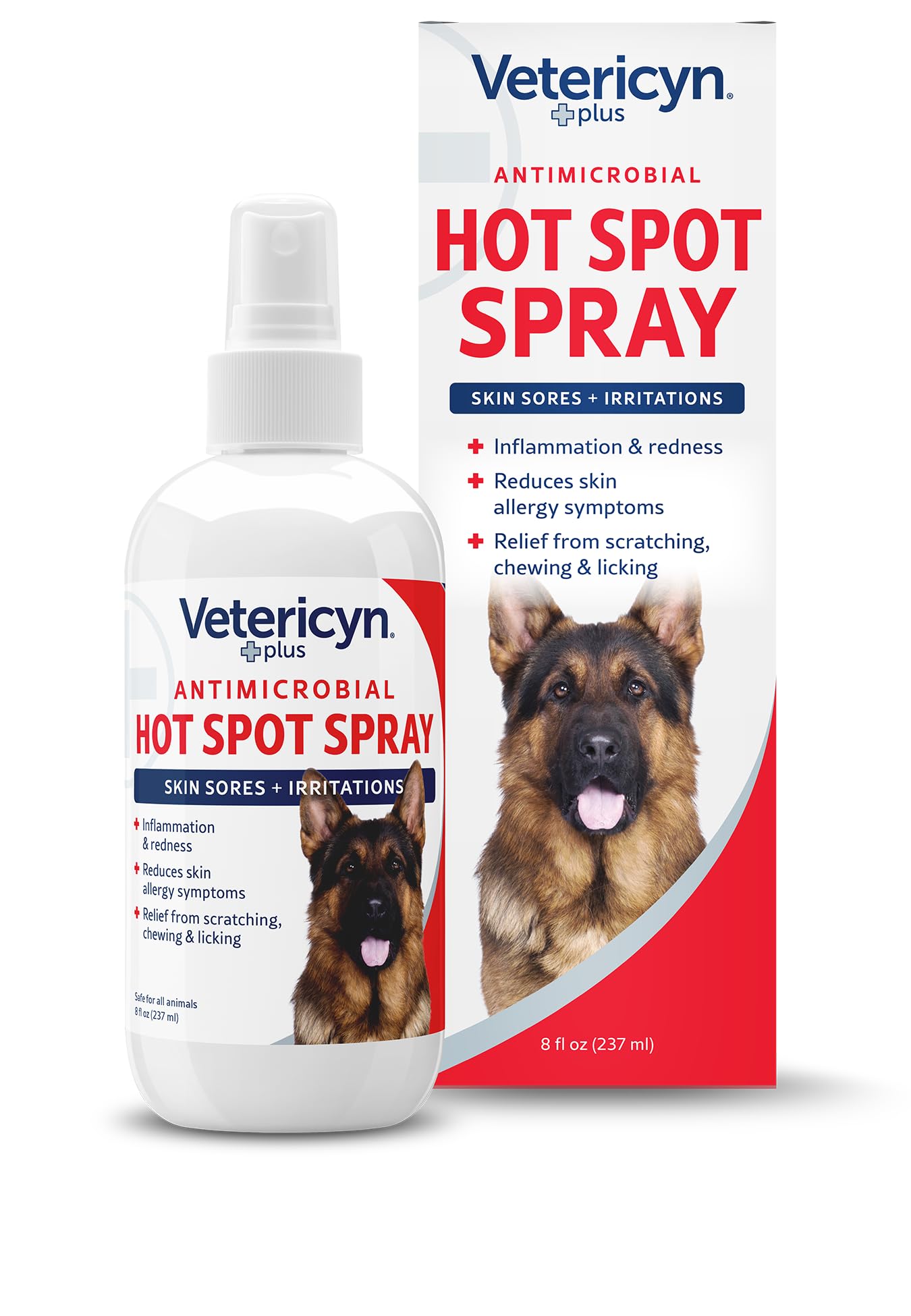 Vetericyn Plus hot spot spray bottle front view for easy application and soothing relief