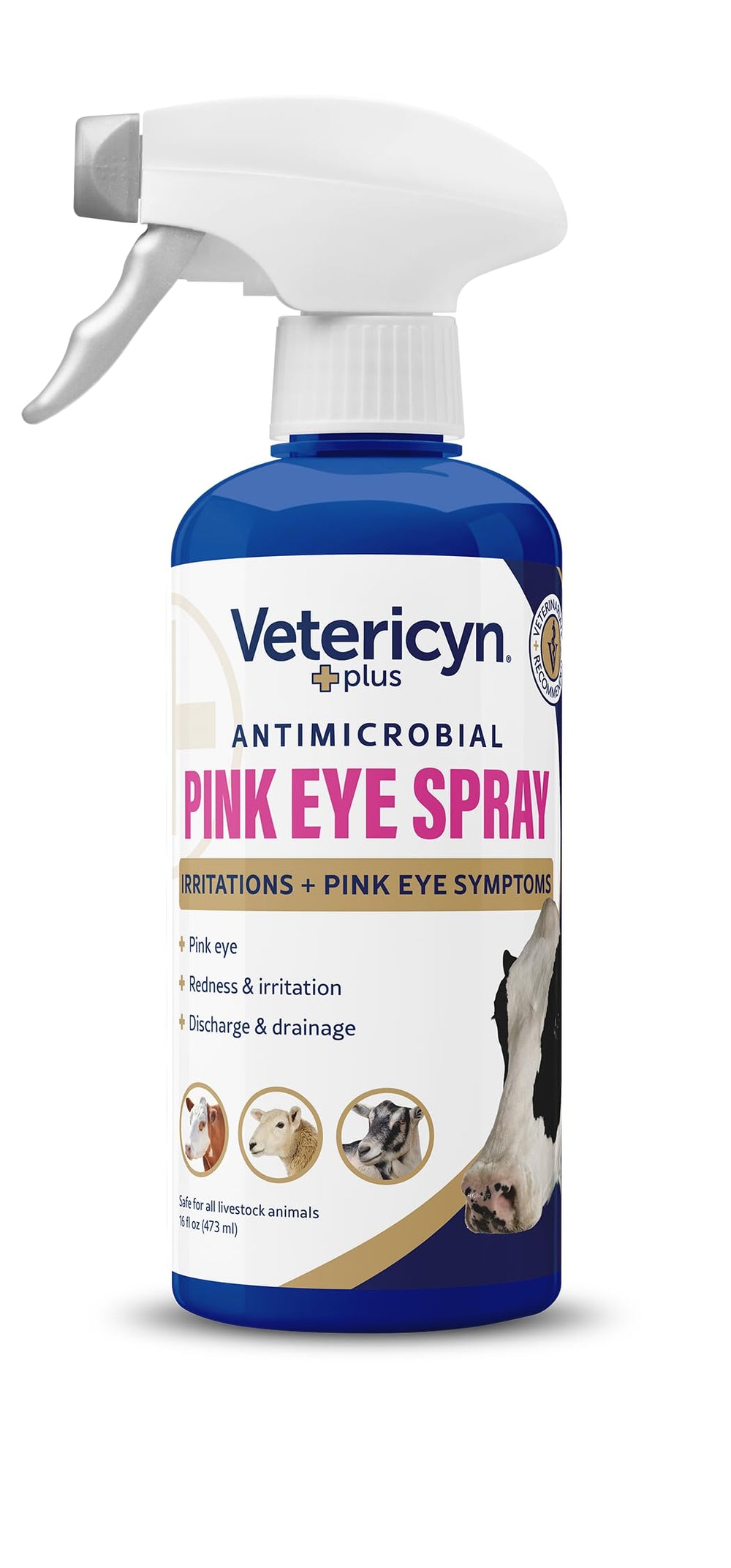 Vetericyn Plus Pink Eye Spray on cow eye for gentle irrigation and conjunctivitis relief.