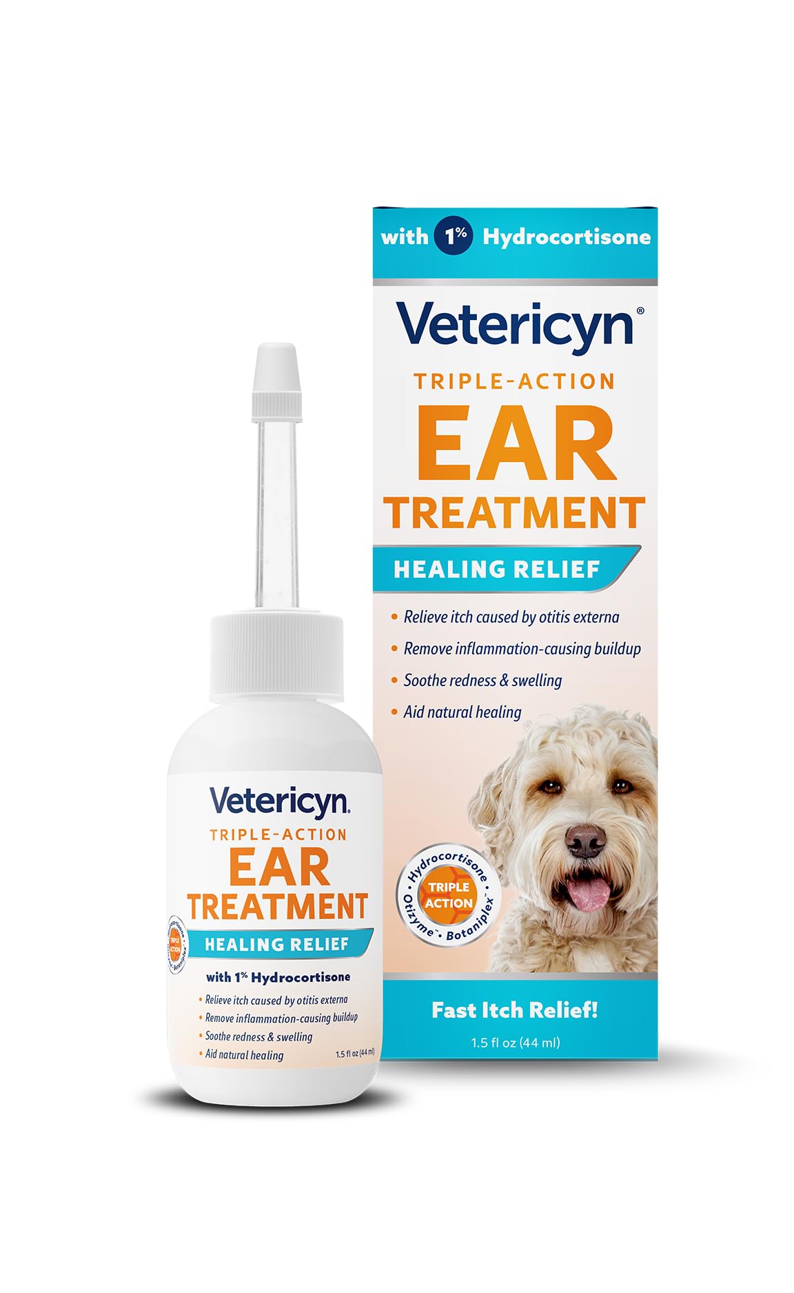 Vetericyn Triple-Action Ear Treatment bottle close-up showing potential itch relief for pets.