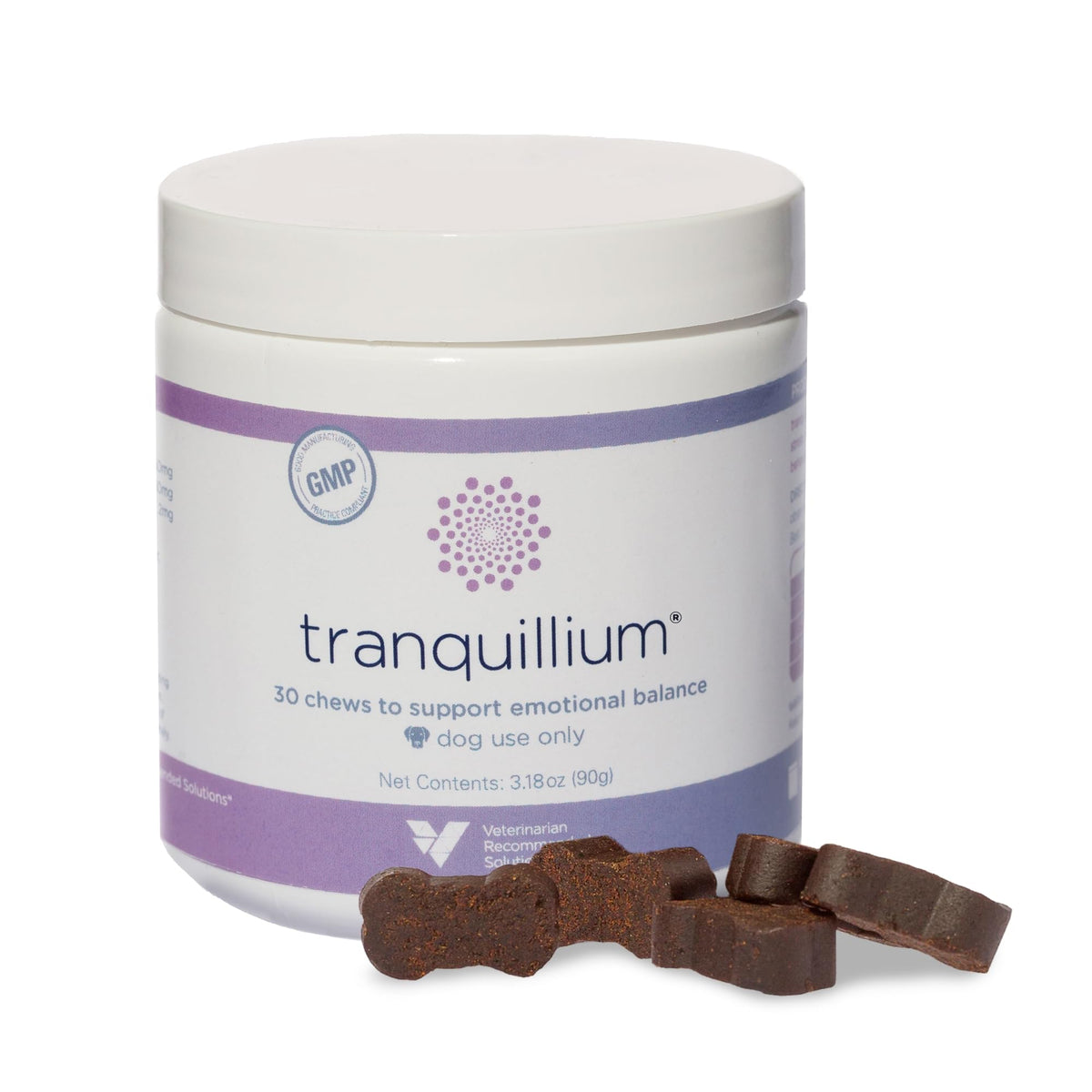 Tranquillium dog chews closeup highlighting calming formula for anxious dogs