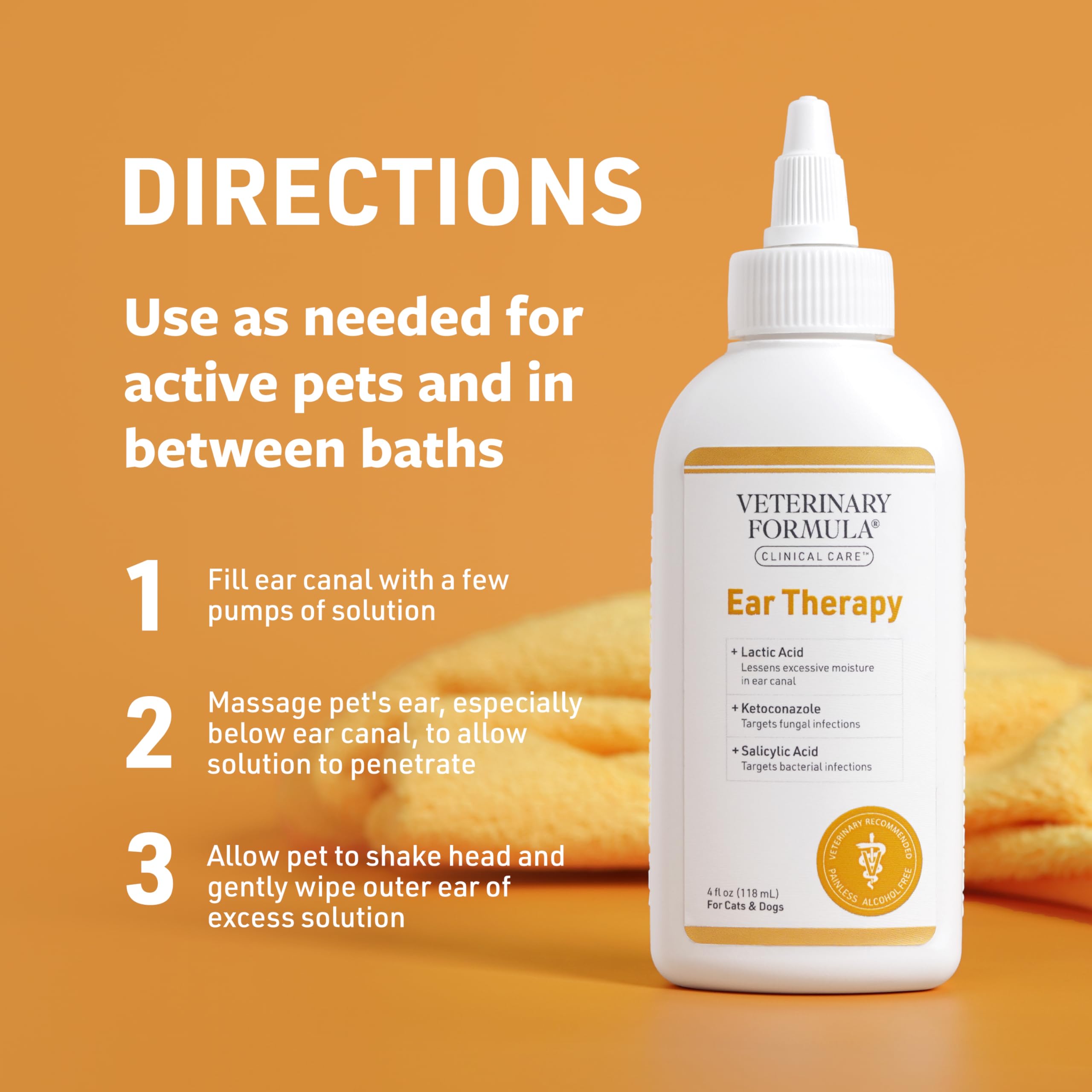 Close-up of Veterinary Formula Ear Therapy bottle highlighting alcohol-free formula.