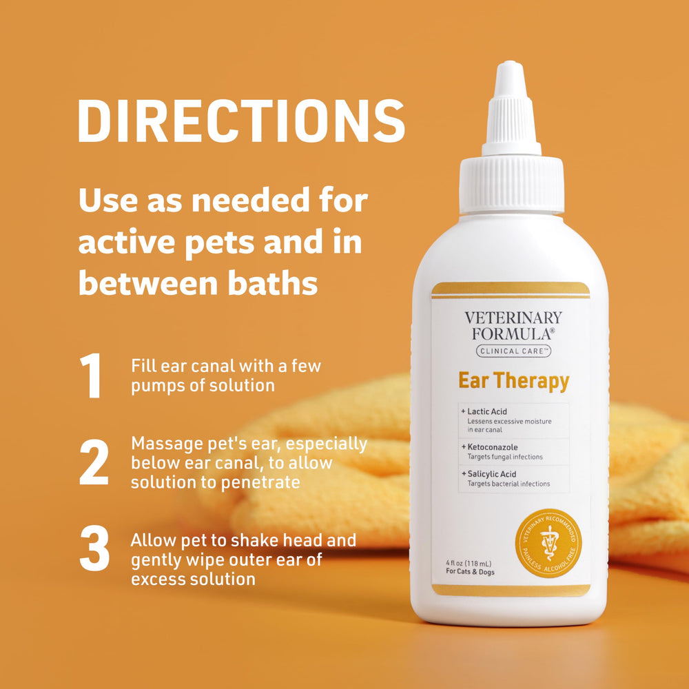 Close-up of Veterinary Formula Ear Therapy bottle highlighting alcohol-free formula.
