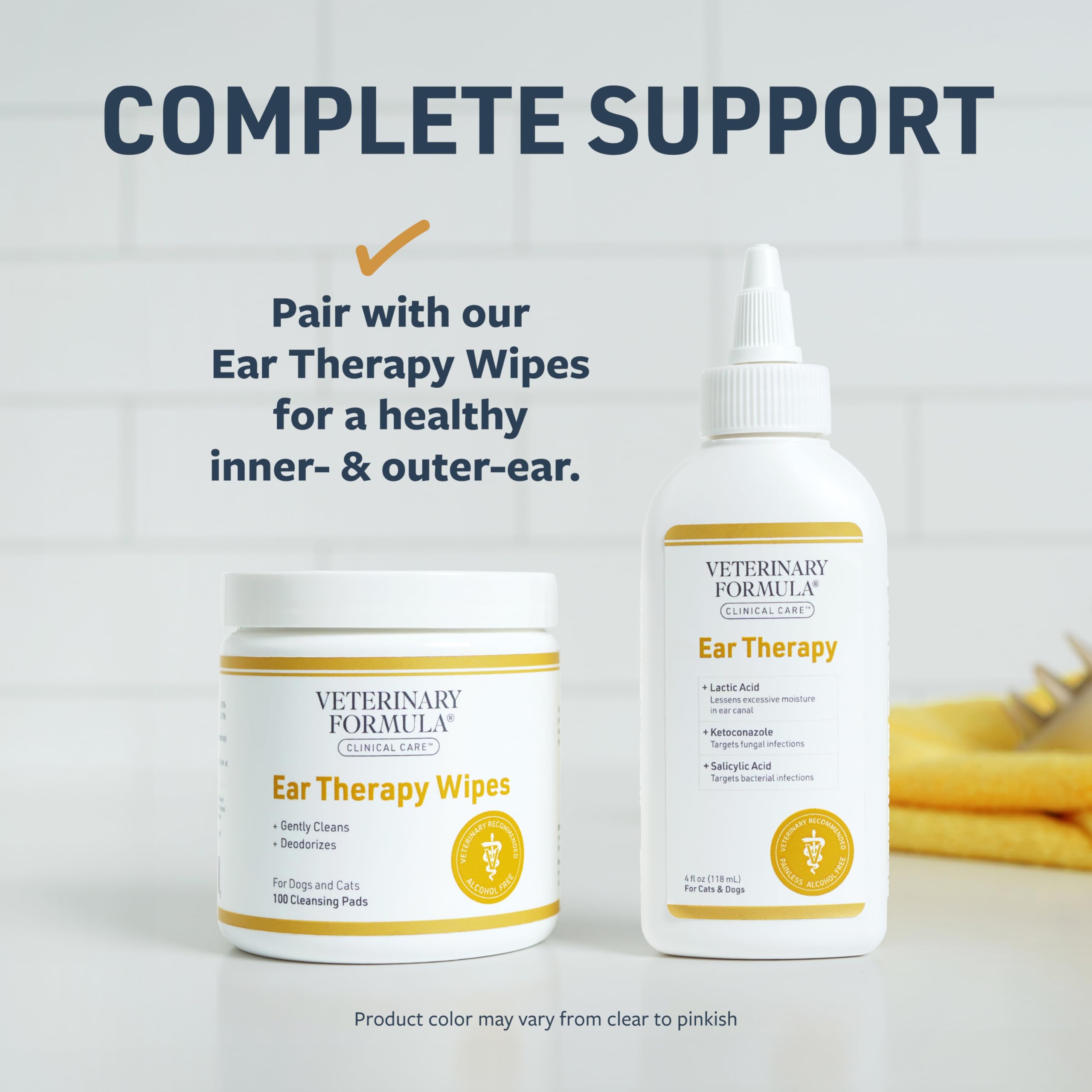 Veterinary Formula Ear Therapy label notes alcohol-free, gentle care for sensitive ears.