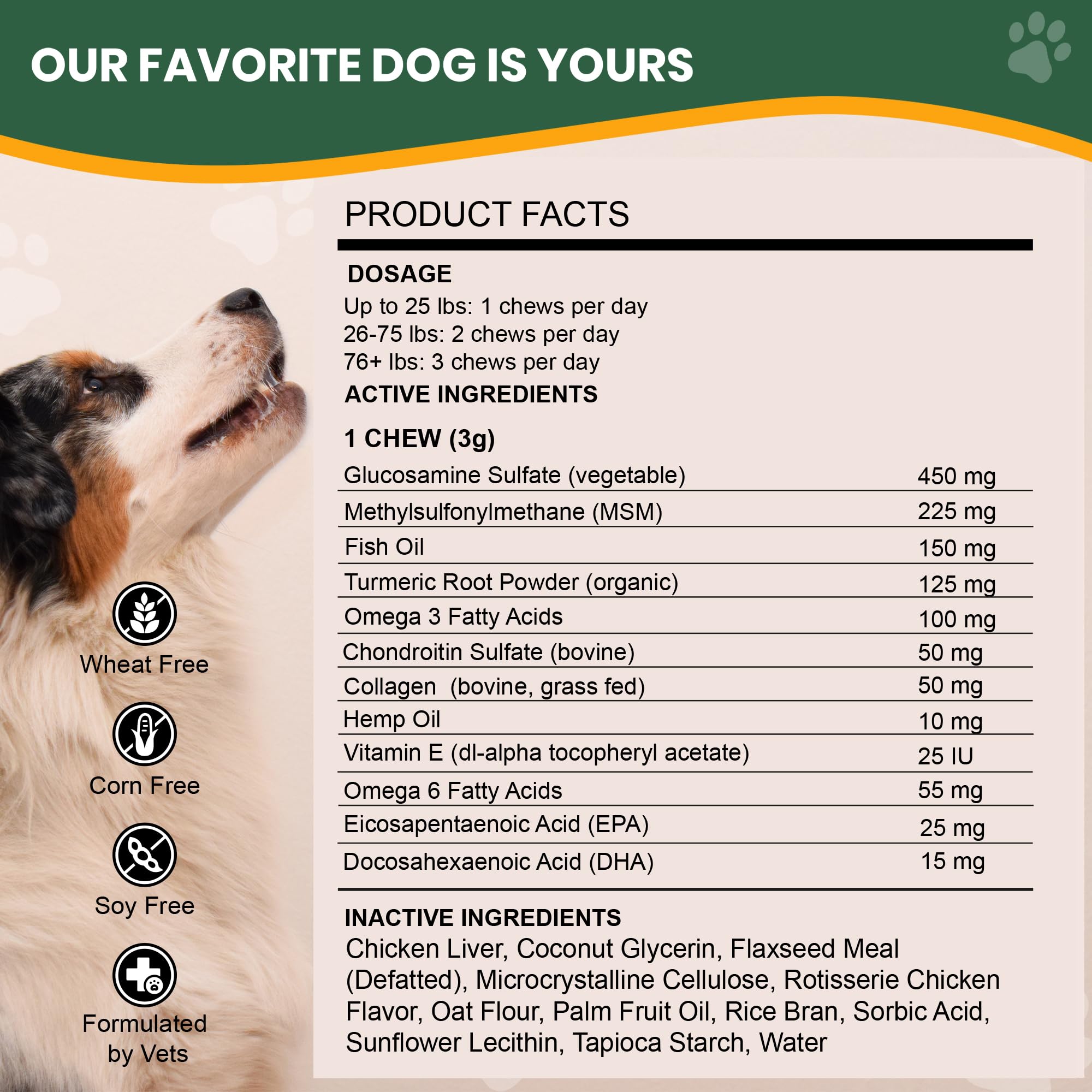 Label highlights glucosamine and chondroitin in Veterinary Naturals Hemp & HIPS.