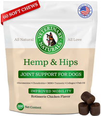 Veterinary Naturals hemp hips joint supplement bottle supports mobility and comfort in aging dogs