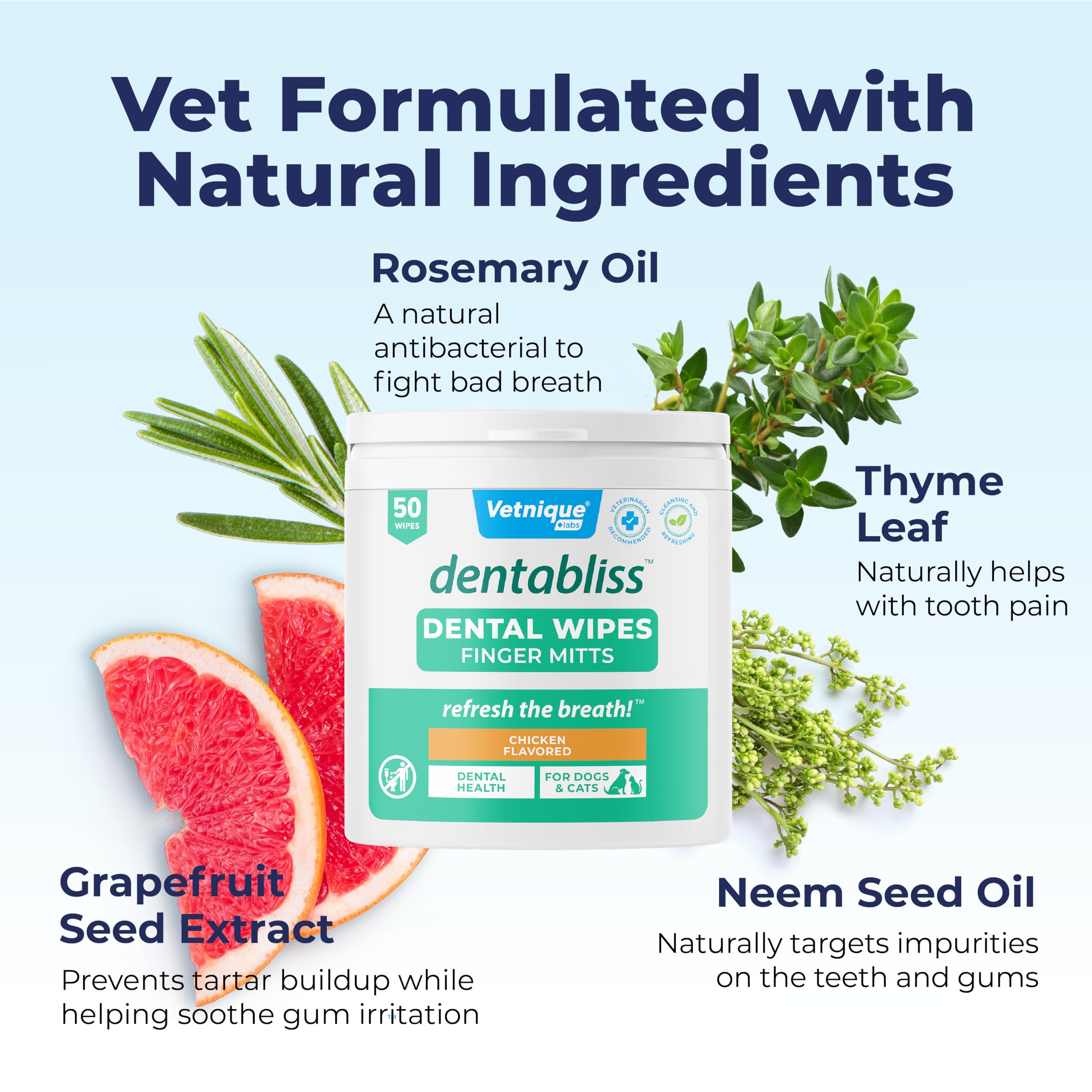 Vetnique Dentabliss wipe chicken-flavored formula appeals to dogs during routines