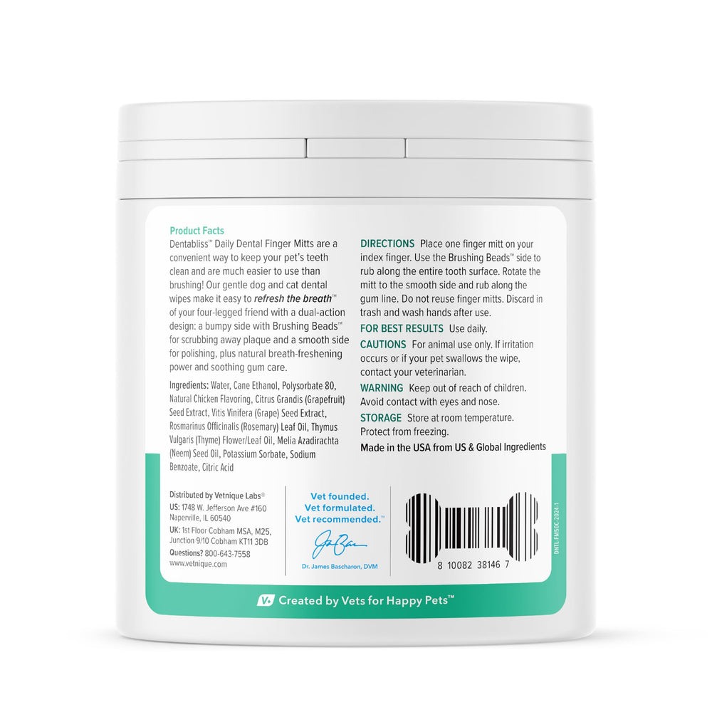Vetnique Dentabliss wipe on finger demonstrates convenient plaque removal for busy pet parents