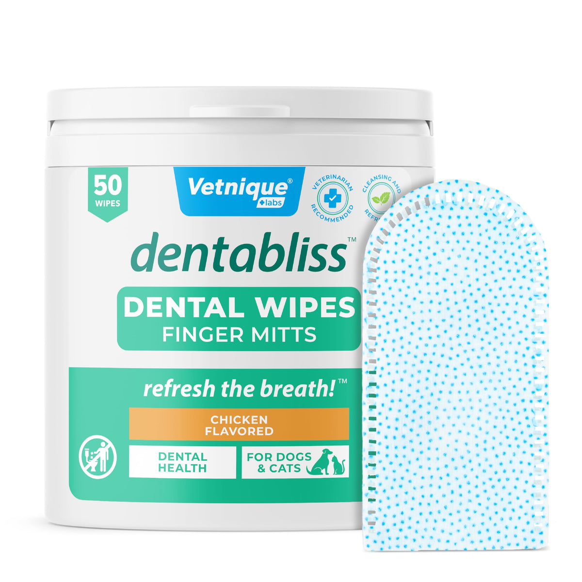 Vetnique Dentabliss wipe packaging close-up for easy at-home dog dental care