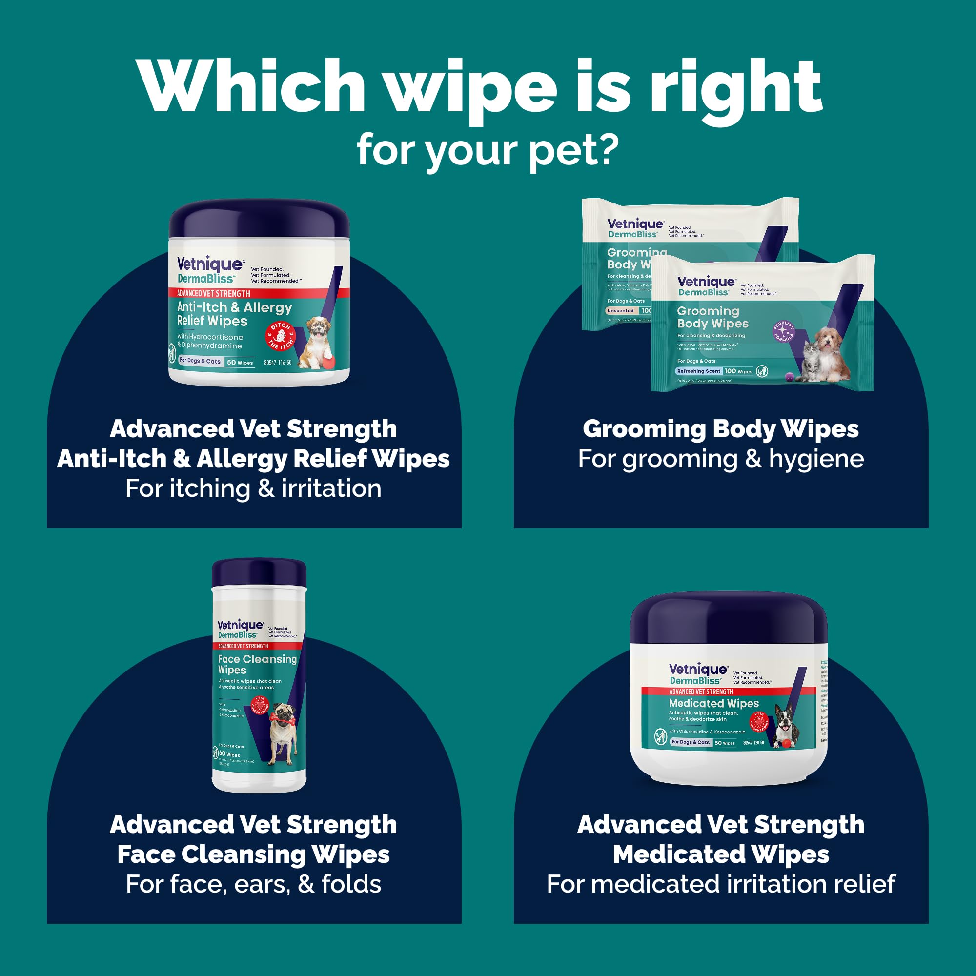 Vetnique Dermabliss advanced-strength wipes being applied to a dog's fur during grooming