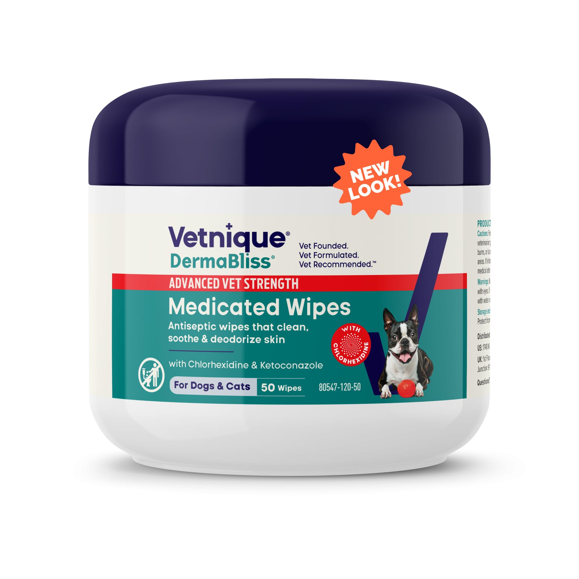 Vetnique Dermabliss packaging showcases veterinarian-grade wipes for dogs' skin health
