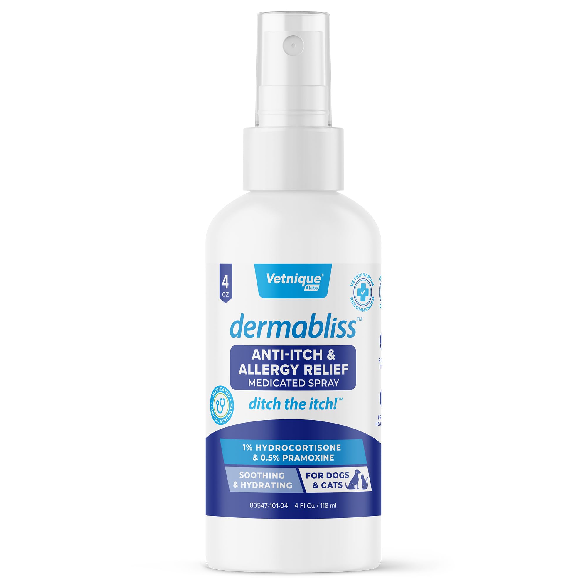 Vetnique Dermabliss anti itch spray bottle for dogs and cats—fragrance-free relief.