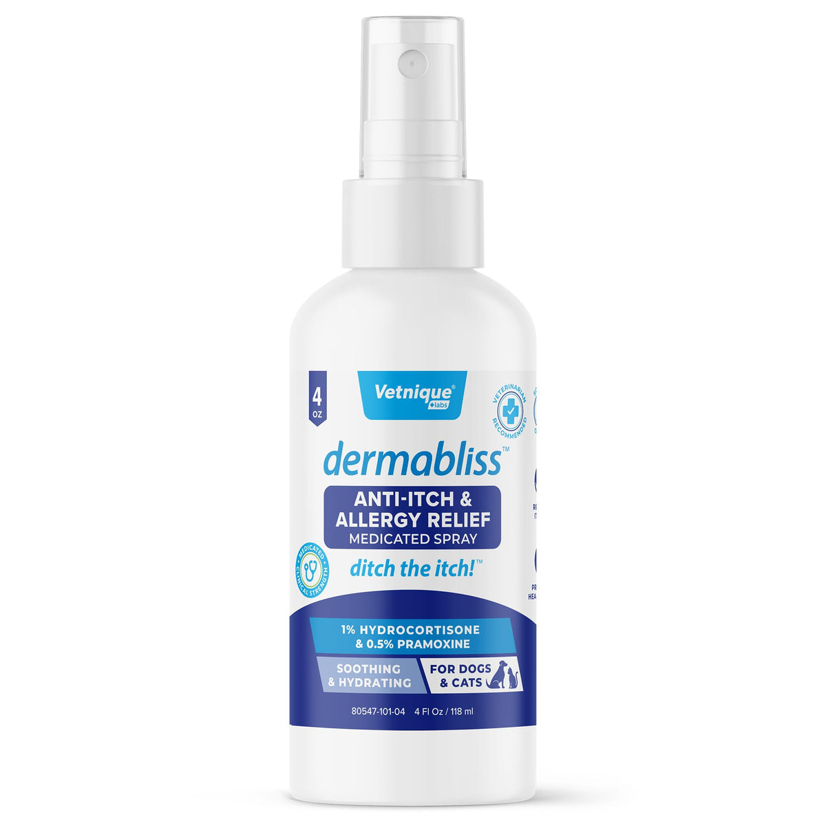 Vetnique Dermabliss anti itch spray bottle for dogs and cats—fragrance-free relief.
