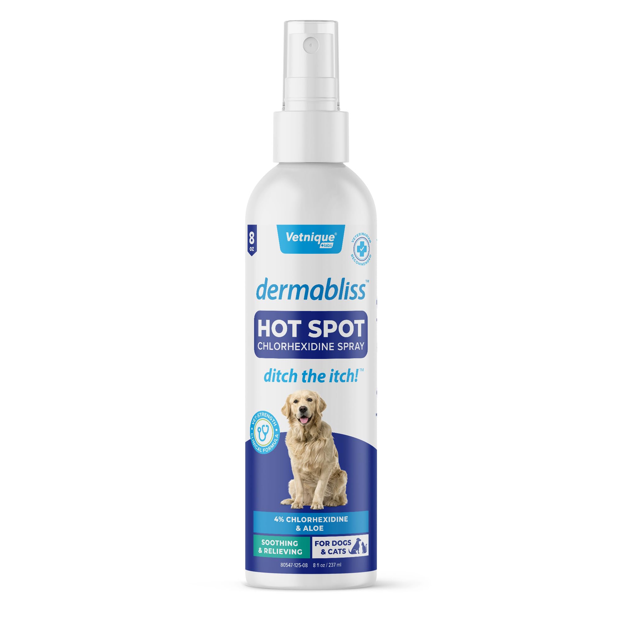 Vetnique Dermabliss hot spot spray bottle for fast itch relief.