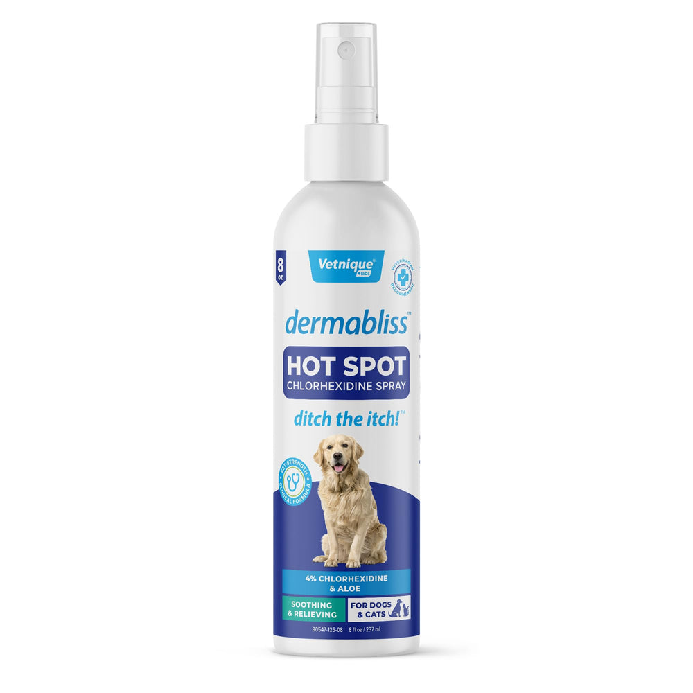 Vetnique Dermabliss hot spot spray bottle for fast itch relief.