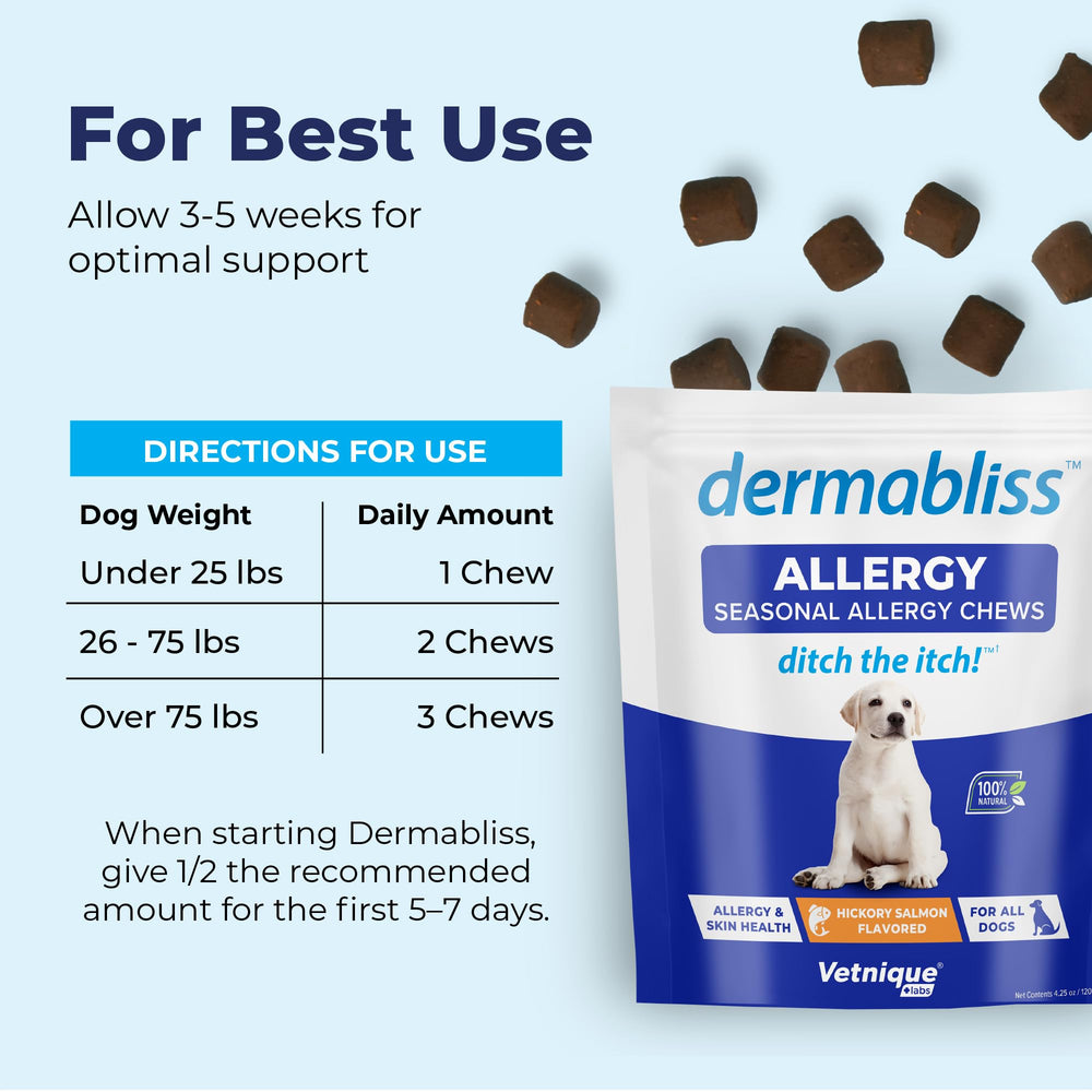 Dermabliss supports healthy skin and may provide itch relief for dogs.