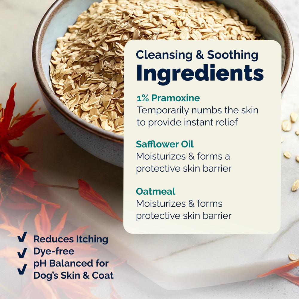 Vetnique Dermabliss oat extract soothing component shown for skin irritations.