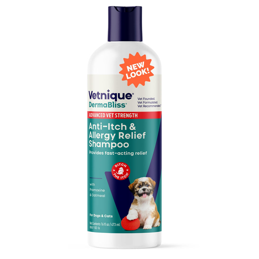 Vetnique Dermabliss shampoo bottle hints at itch relief for dogs and healthy coat.