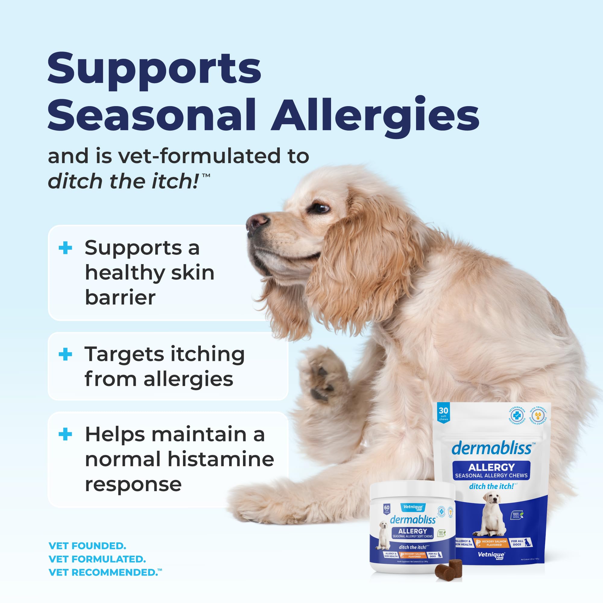 Dermabliss features wild Alaskan salmon oil to support healthy skin and coat.