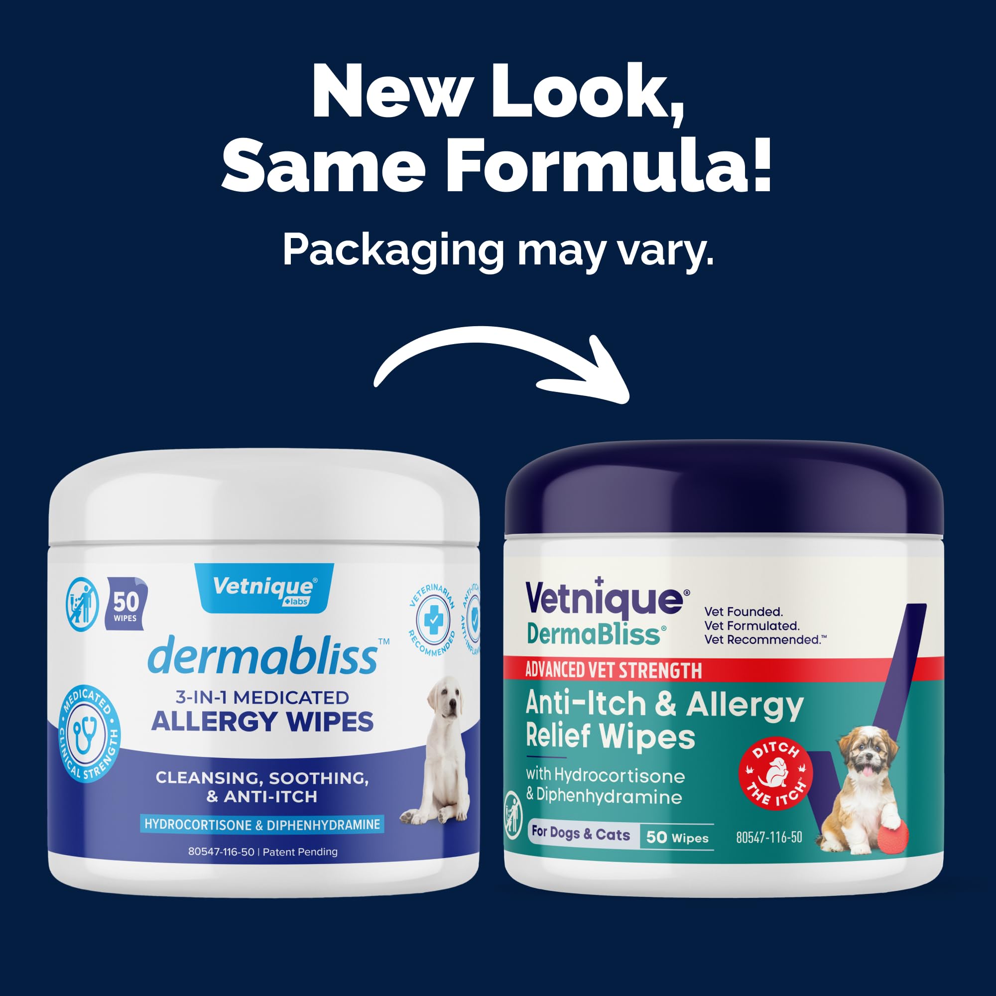 Vetnique Dermabliss wipes label closeup with hydrocortisone and antihistamine