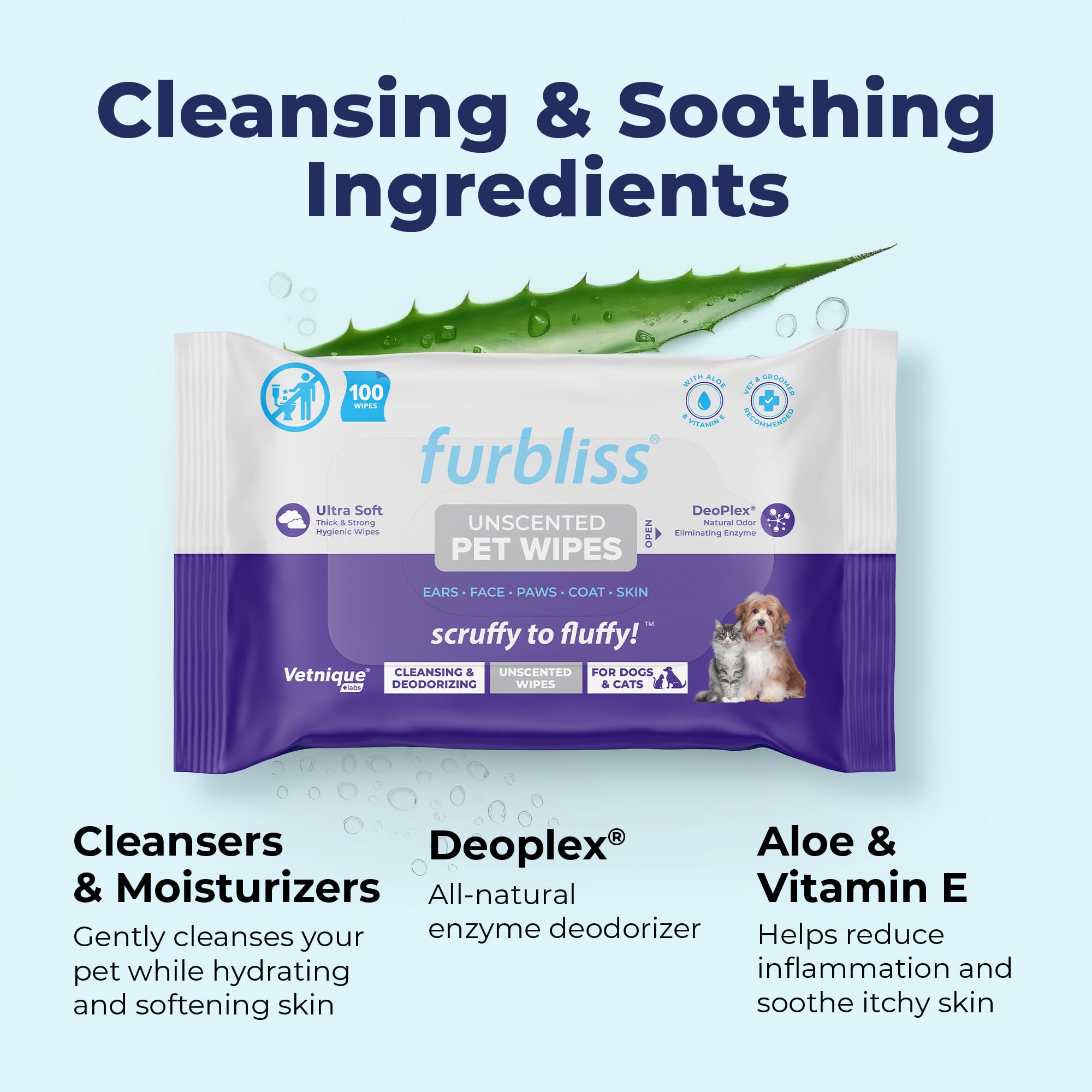 Vetnique Furbliss Deoplex deodorizer wipes for odor-neutralizing benefits.