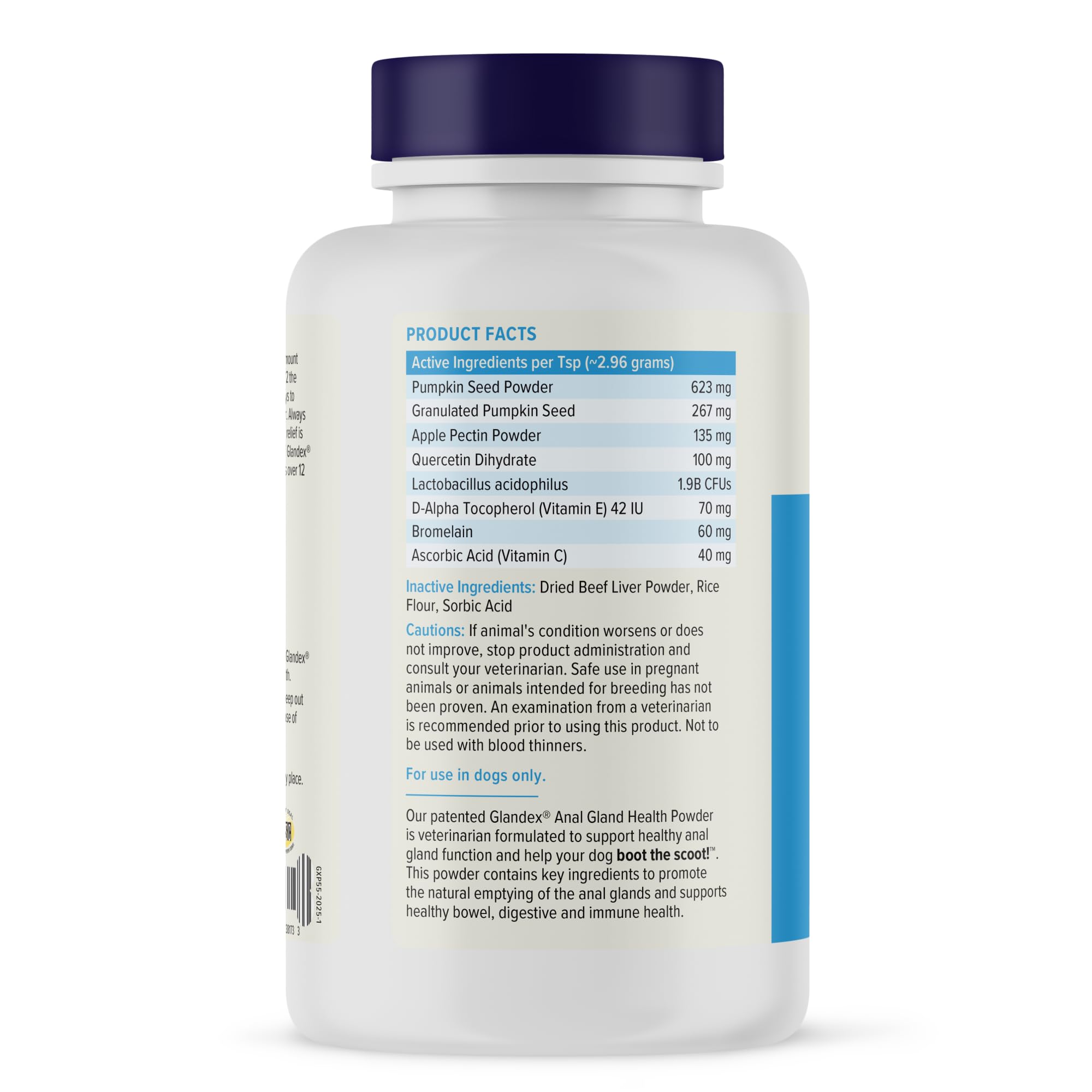 Vetnique Glandex beef liver flavor powder bag highlights tasty, vet approved anal gland support.