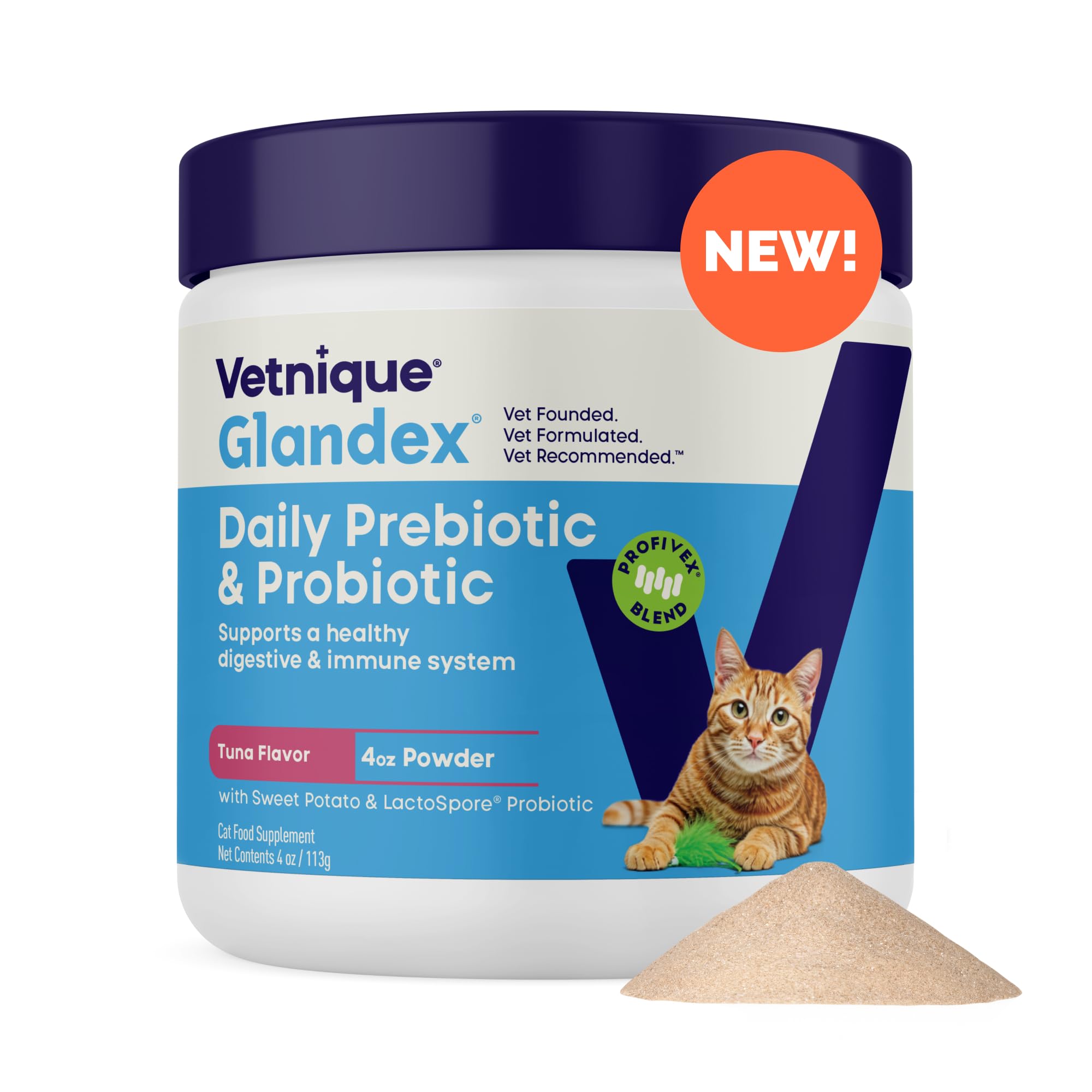 Vetnique Glandex cat powder tuna label highlights daily use and digestion