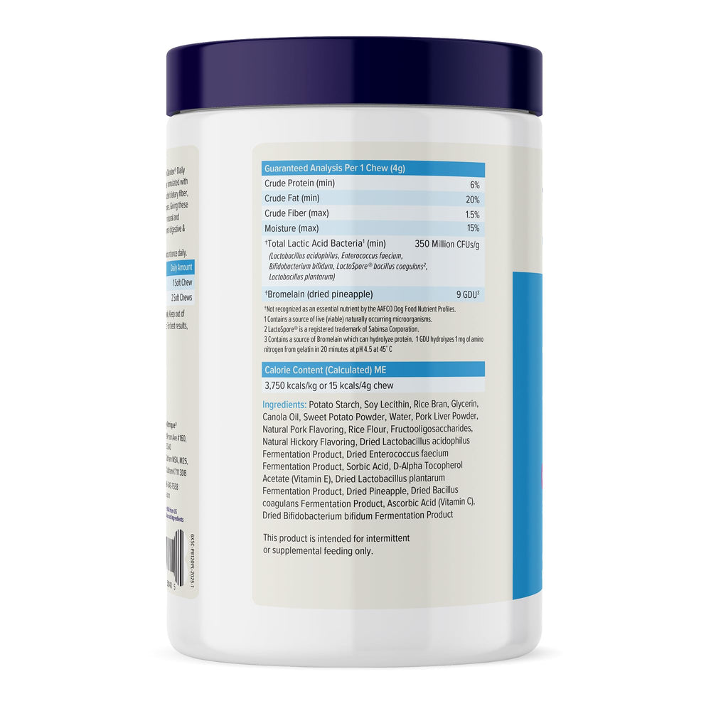 Vetnique Glandex Daily Probiotics bottle label highlighting natural ingredients and vet recommendation.