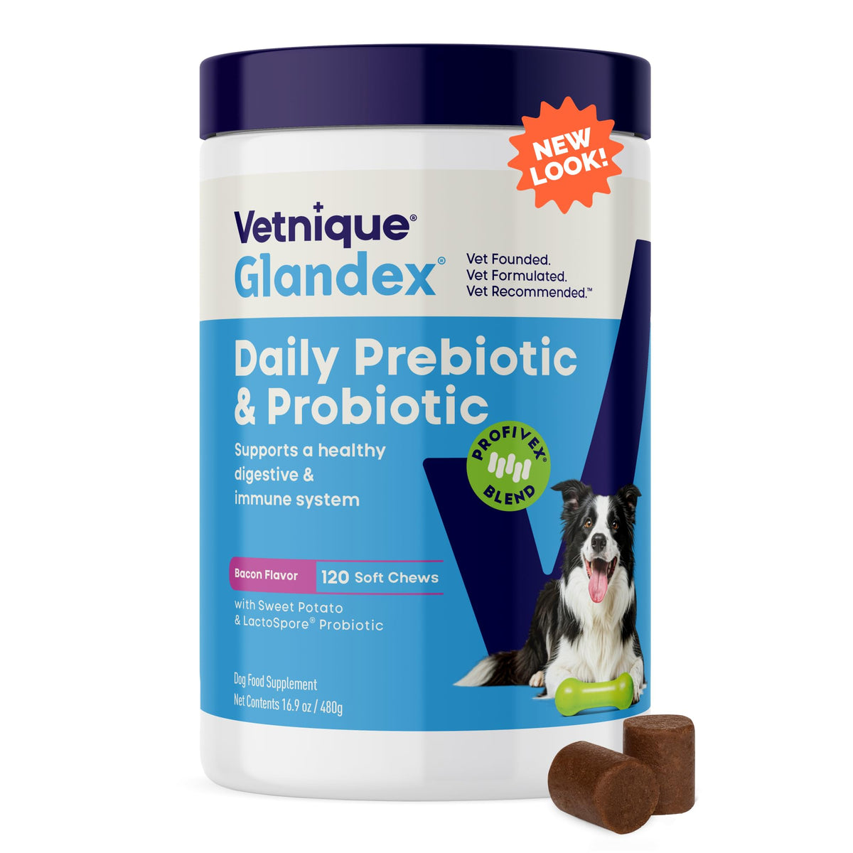 Vetnique Glandex Daily Probiotics bottle closeup for trusted gut health support.