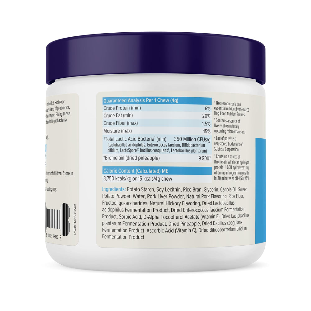 Vetnique Glandex daily probiotics for dogs package front emphasizes bacon flavored gut support.