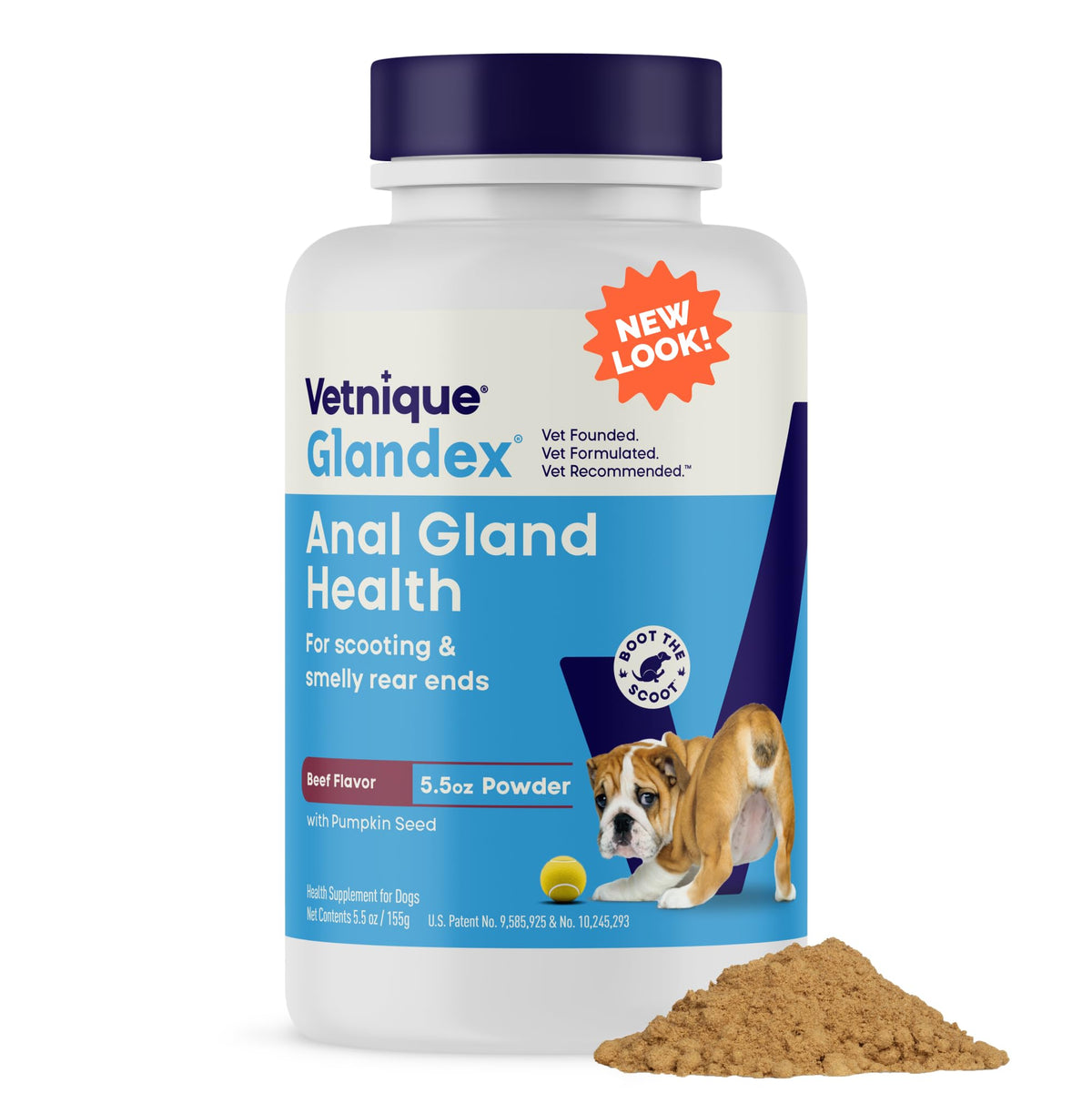 Vetnique Glandex dog fiber powder bottle pour for easy daily dosing and anal gland support.