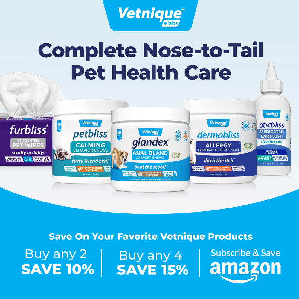 Vetnique Glandex hygienic wipes image suggesting odor control benefits.