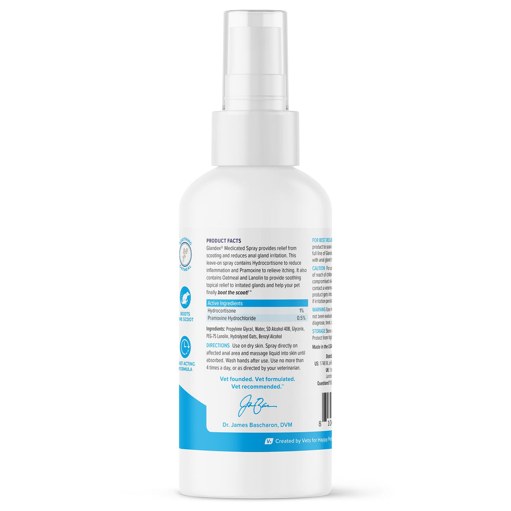 Vetnique Glandex medicated spray bottle shown for fast acting relief on skin.