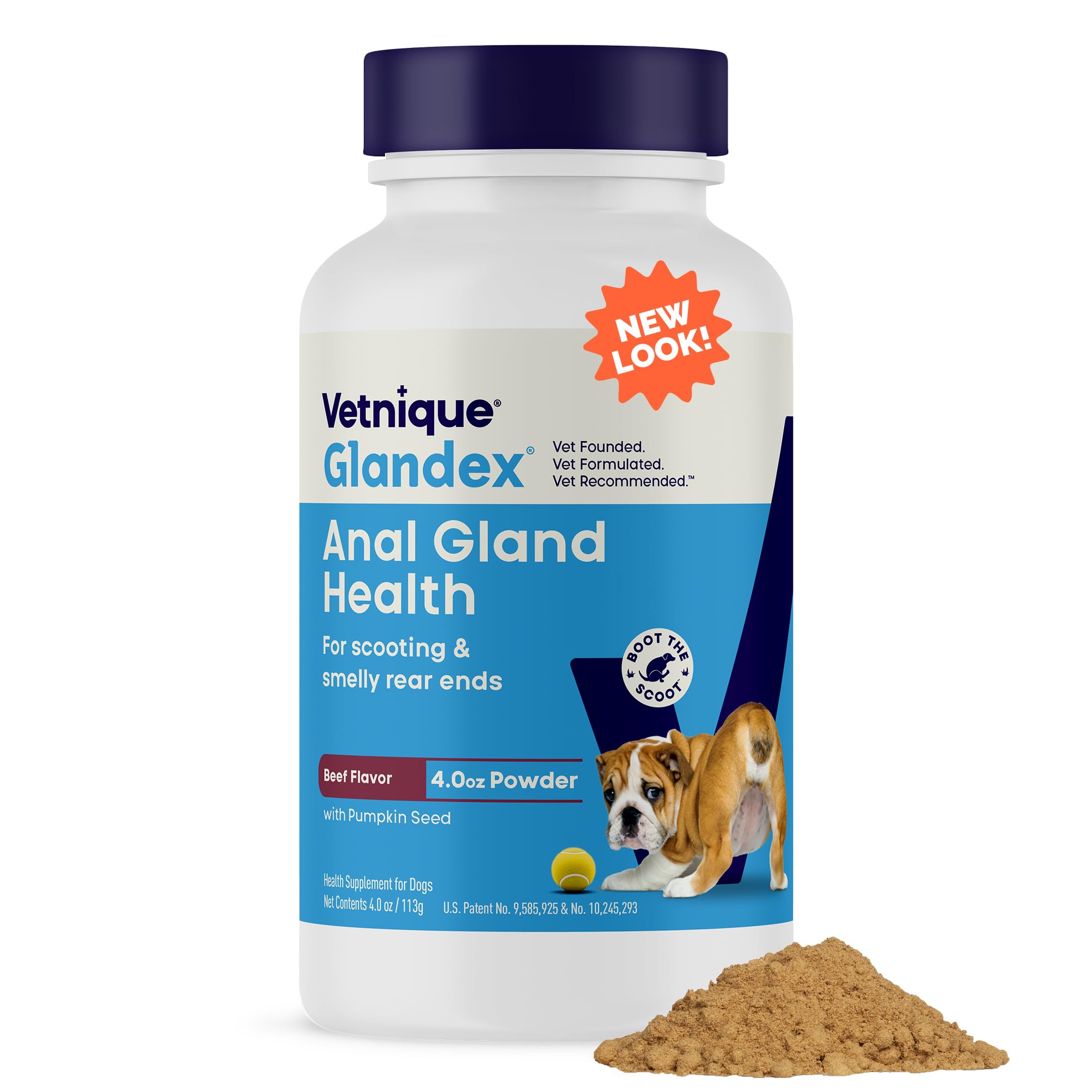 Vetnique Glandex powder bottle-front showing beef liver flavor for digestion support