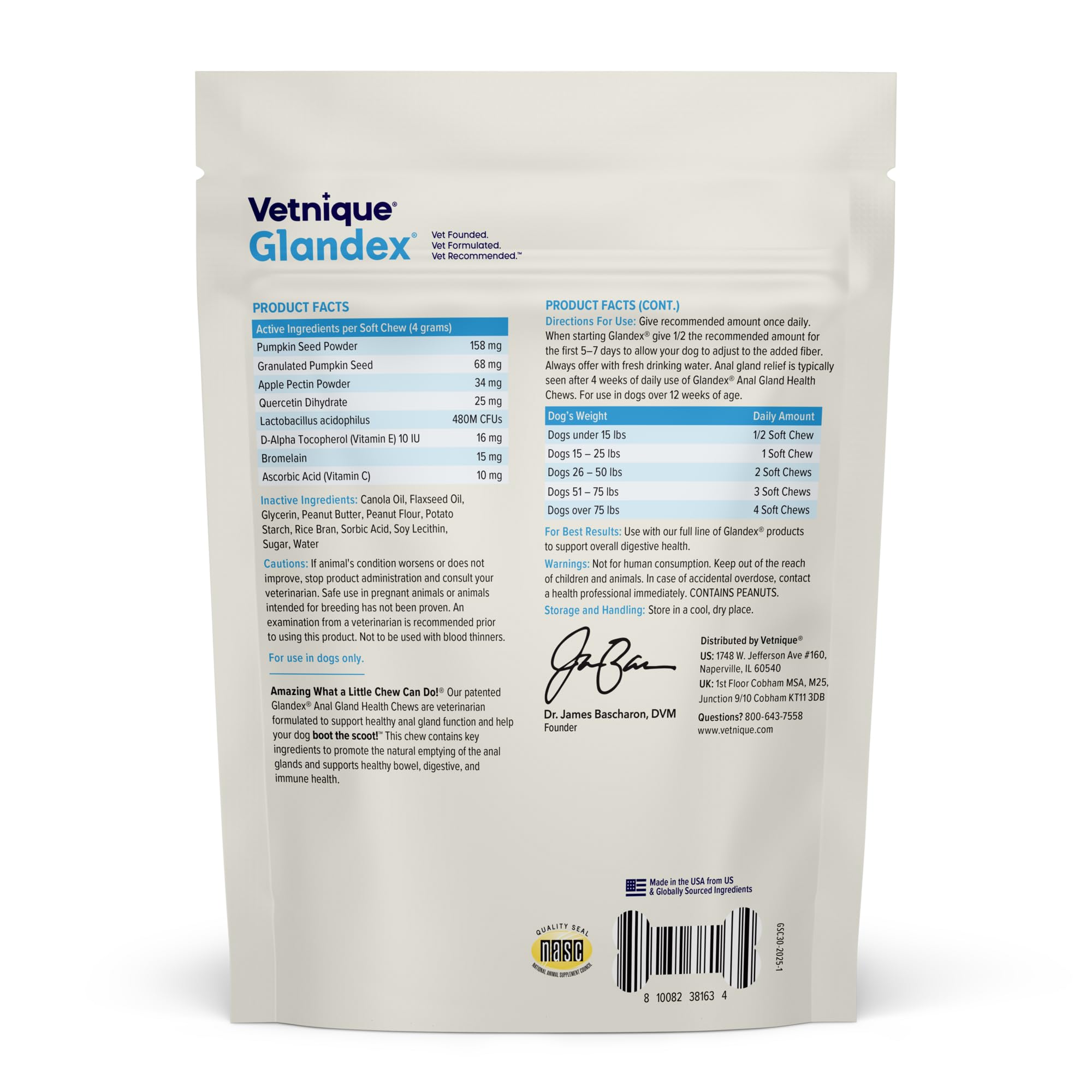Vetnique Glandex pumpkin seed ingredient highlights natural fiber and gut balance.