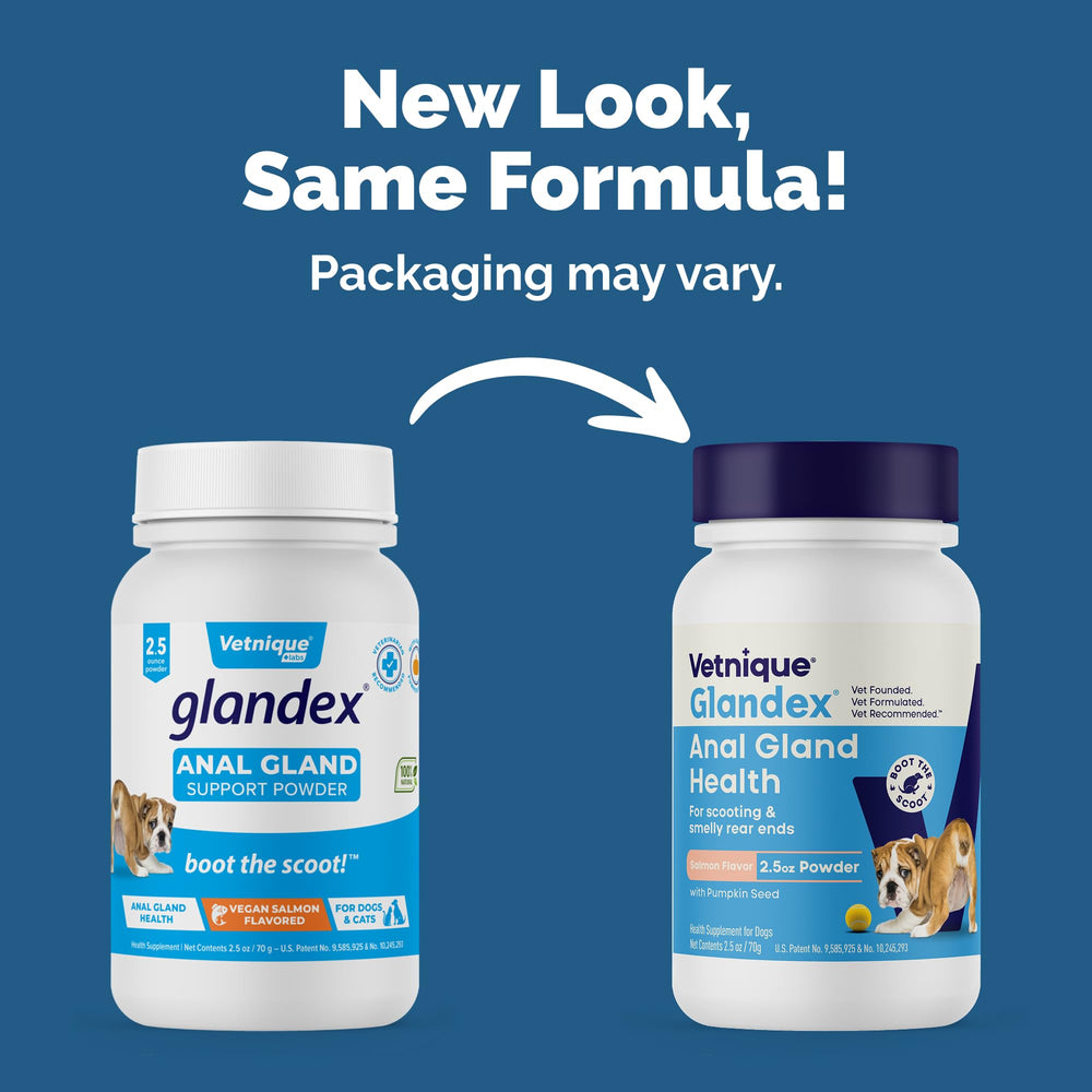 Vetnique Glandex salmon-flavor label close-up highlighting pumpkin and probiotics