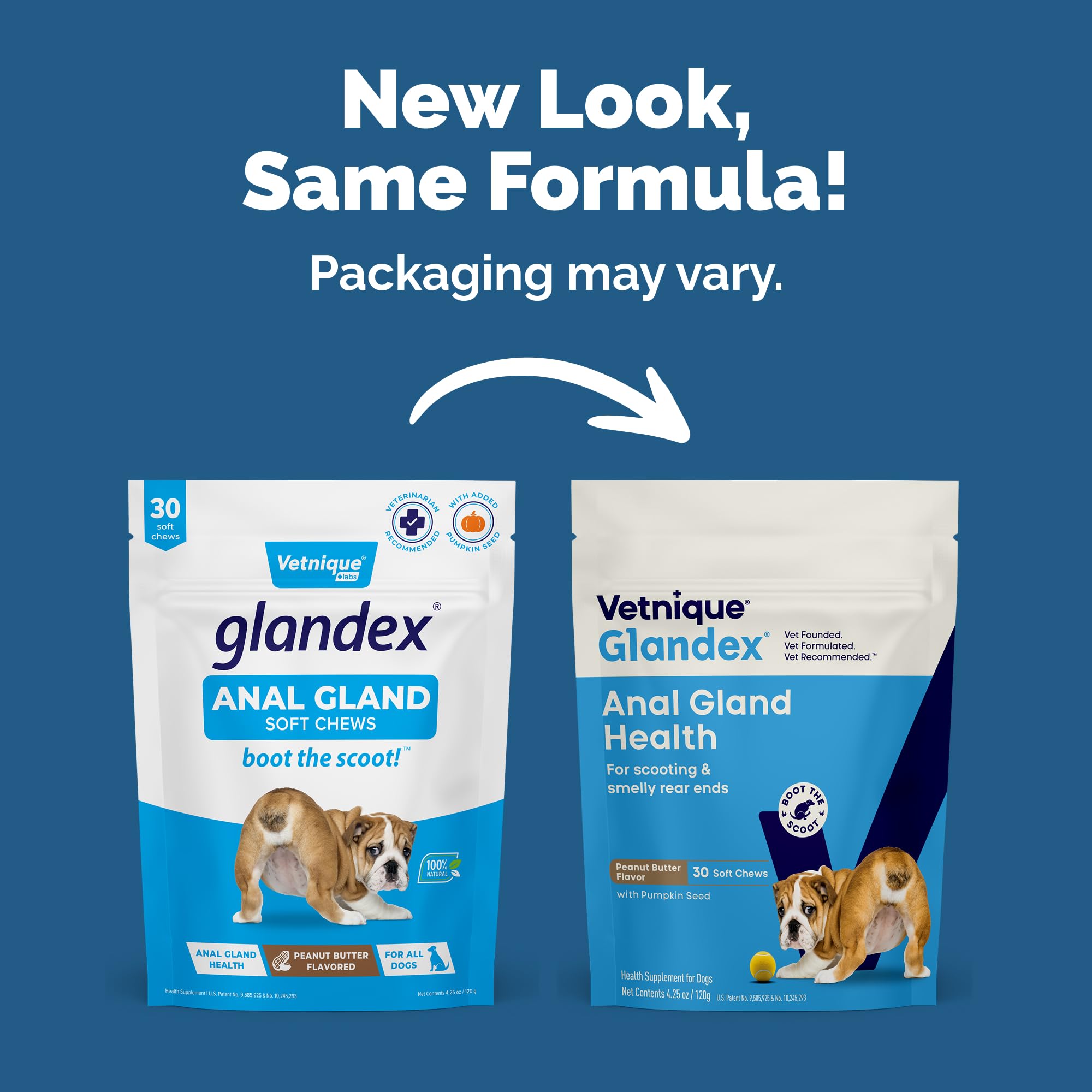 Vetnique Glandex soft-chew close-up shows peanut butter flavor for dog-friendly daily support.