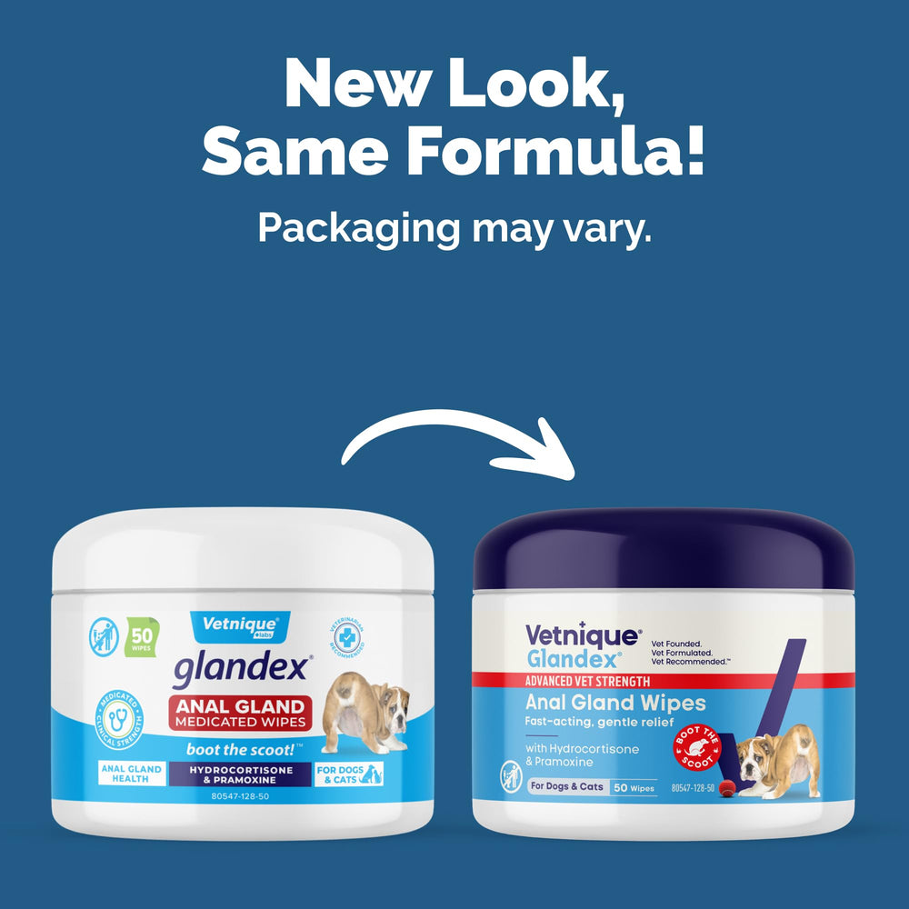 Vetnique Glandex wipes packaging on shelf signaling easy-to-use anal gland care.
