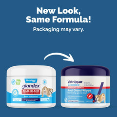 Vetnique Glandex wipes packaging on shelf signaling easy-to-use anal gland care.