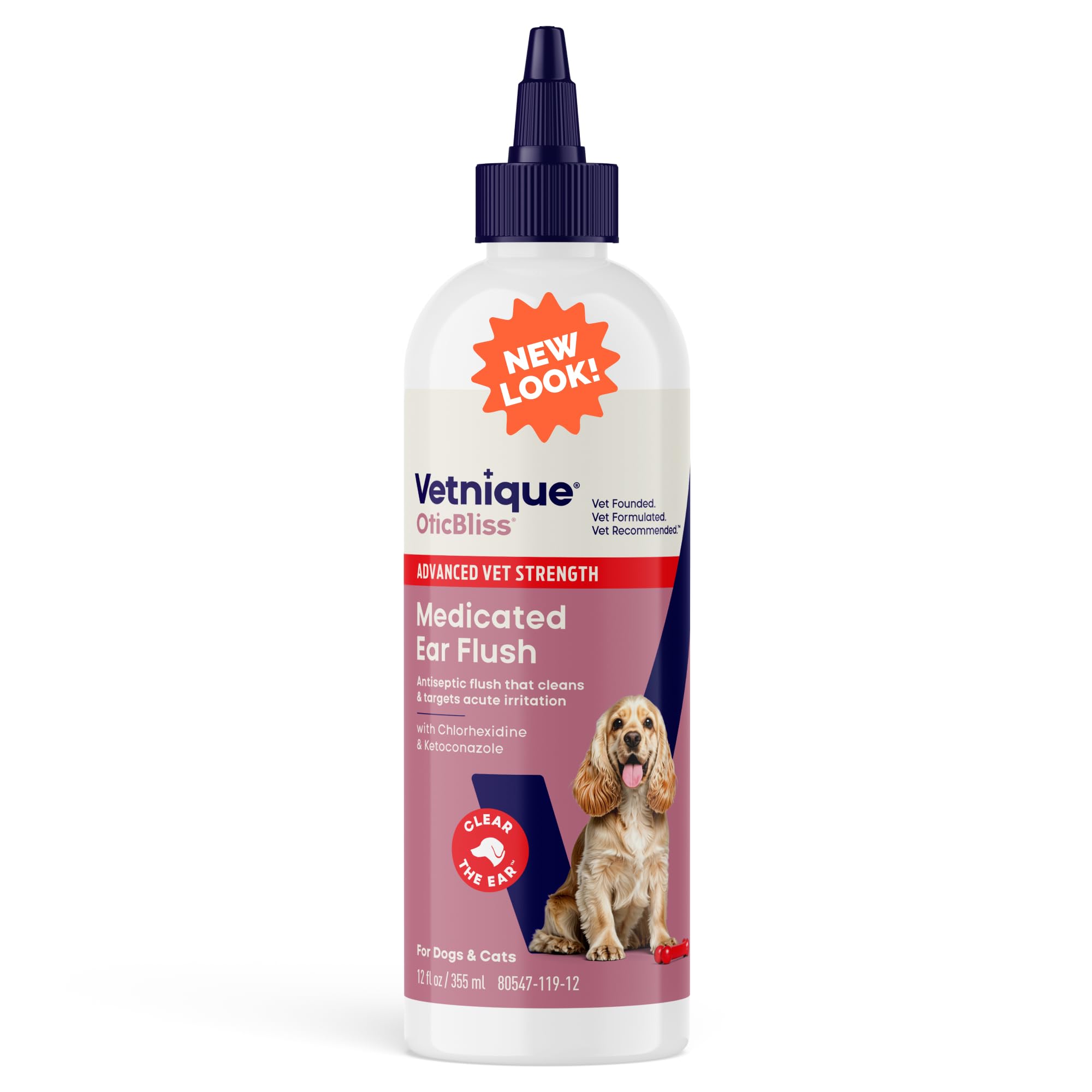 Vetnique Oticbliss bottle front shows vet-formulated ear care for dogs and cats.