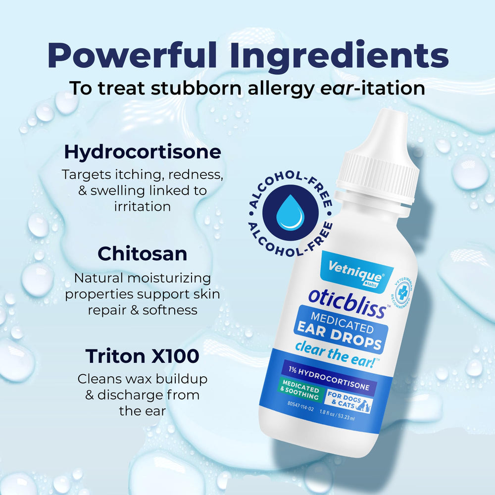 Vetnique Oticbliss with chitosan supports soothing comfort.