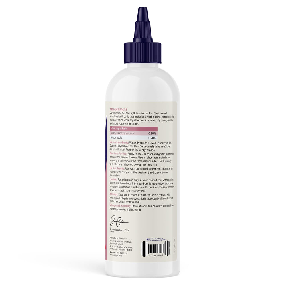 Vetnique Oticbliss label closeup highlights dual active ingredients for ear care.