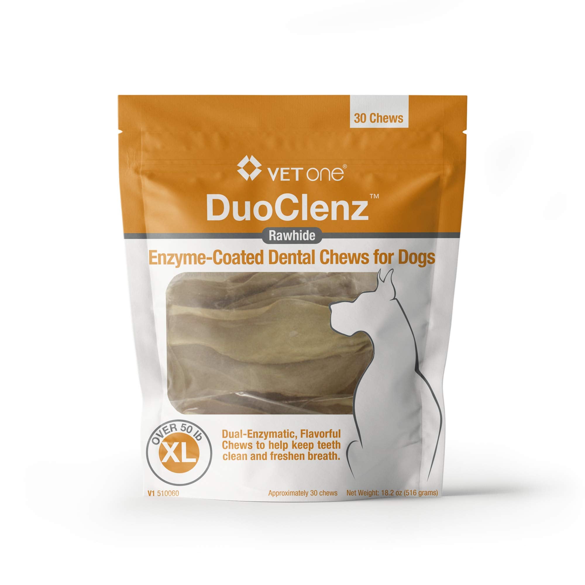 Vet One DuoClenz packaging showcases a dental chews bag for daily oral care.