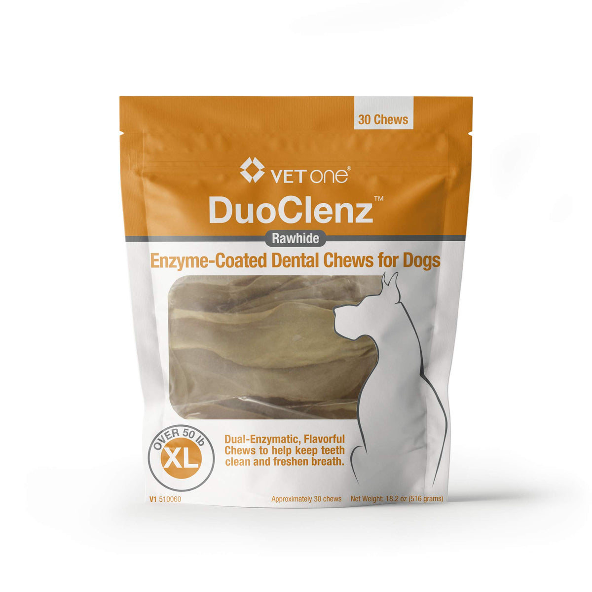 Vet One DuoClenz packaging showcases a dental chews bag for daily oral care.