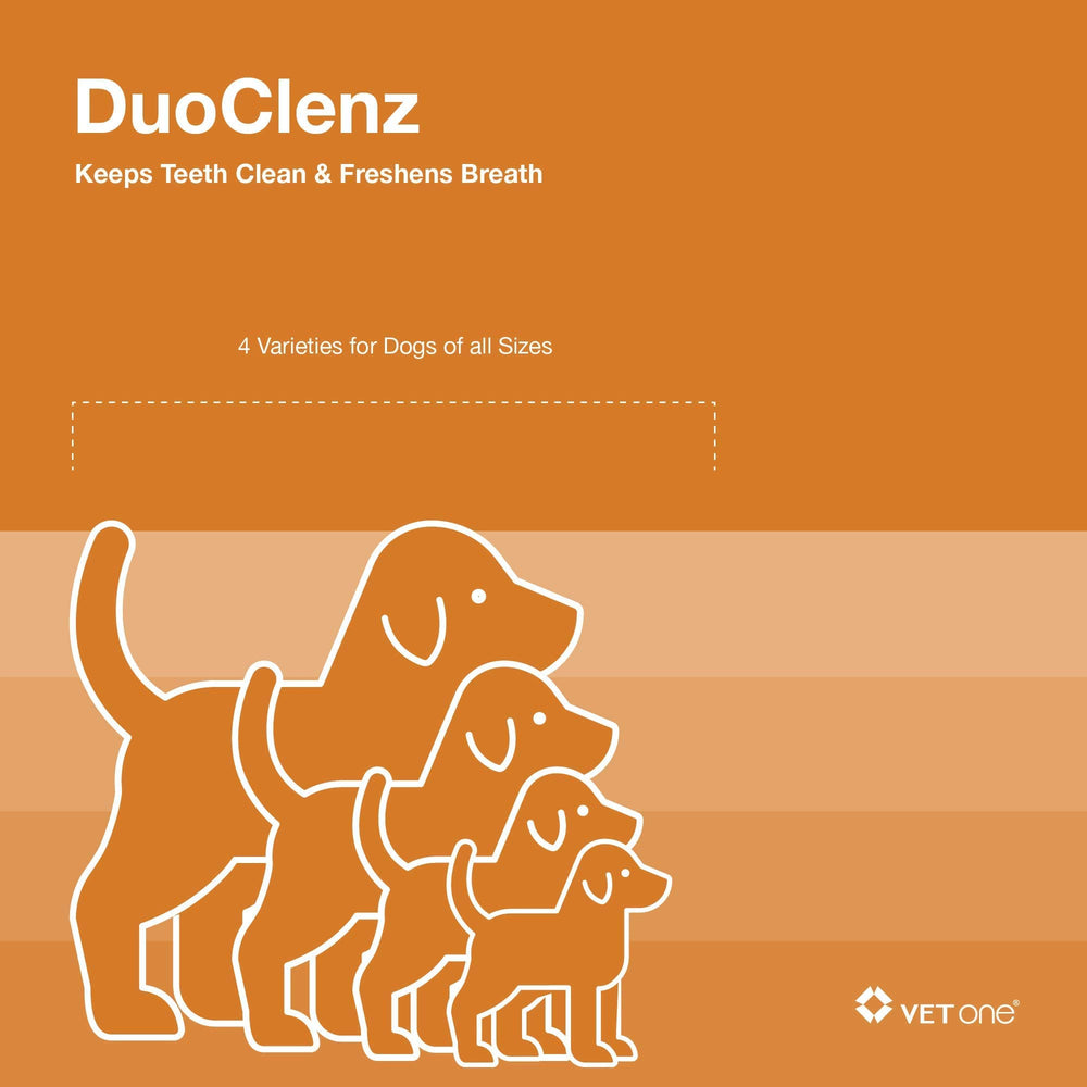 Vet One DuoClenz: recubrimiento enzimático patentado, beneficio para cuidado dental diario.