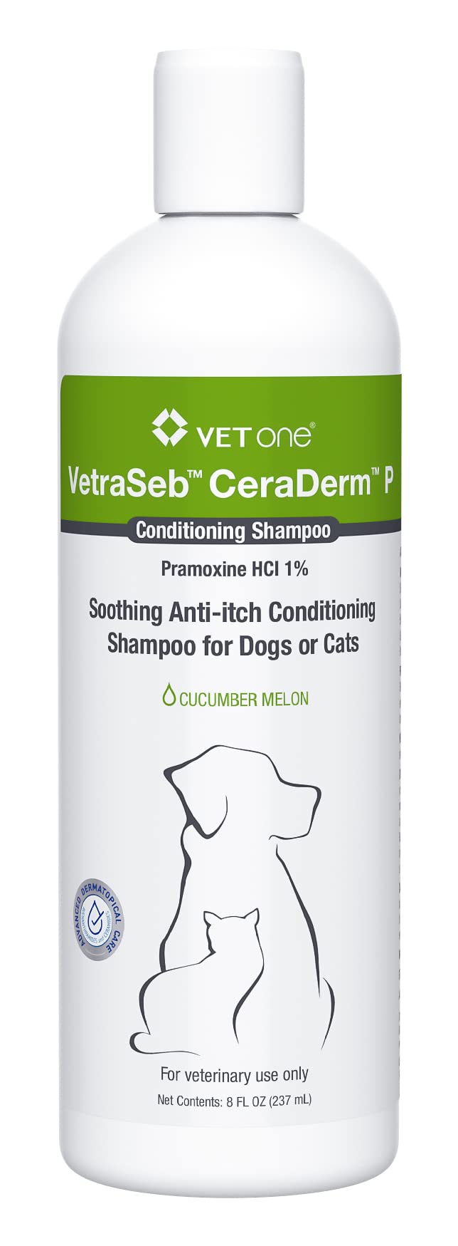 VetOne VetraSeb CeraDerm shampoo bottle—soothing sensitive skin and deodorizing pets.