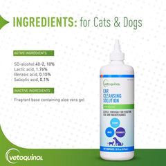 Highlights aloe and lactic acid formula in Vetoquinol 411439 ear cleaner.